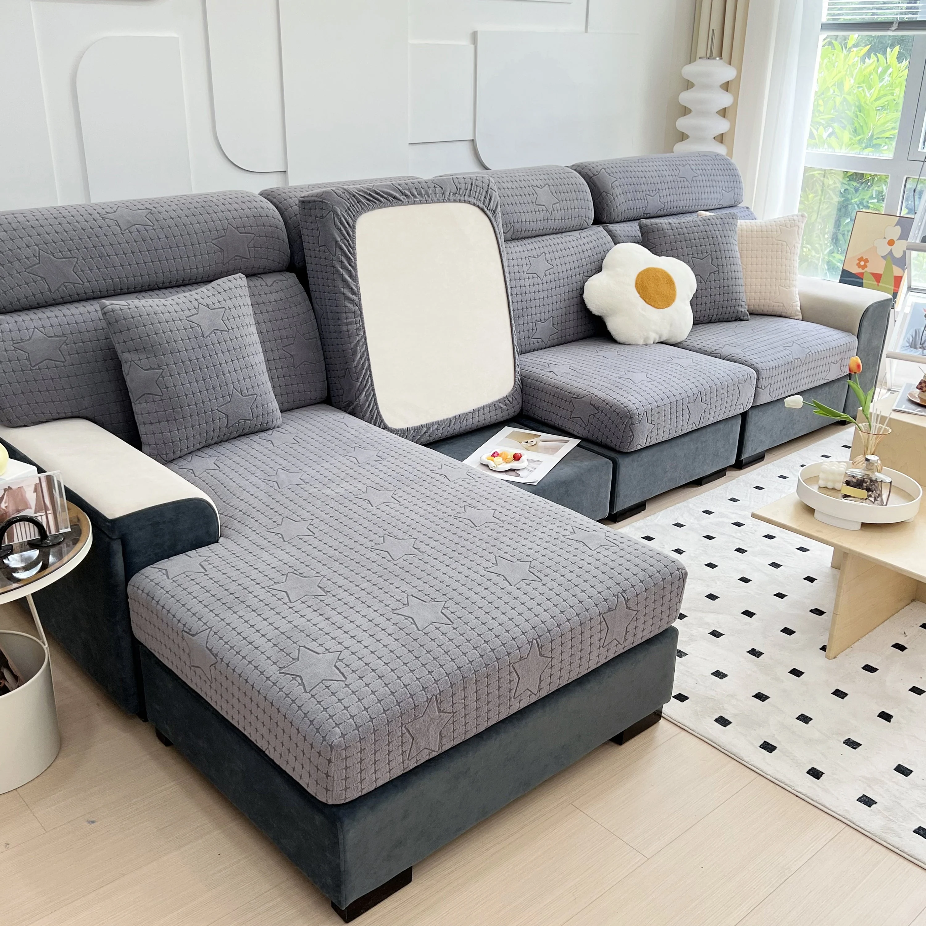 Fleece Fabric Cushion Covers for Sectional Sofas and L-Shaped Couch, Stretch Washable Sofa Seat Covers - Image 68