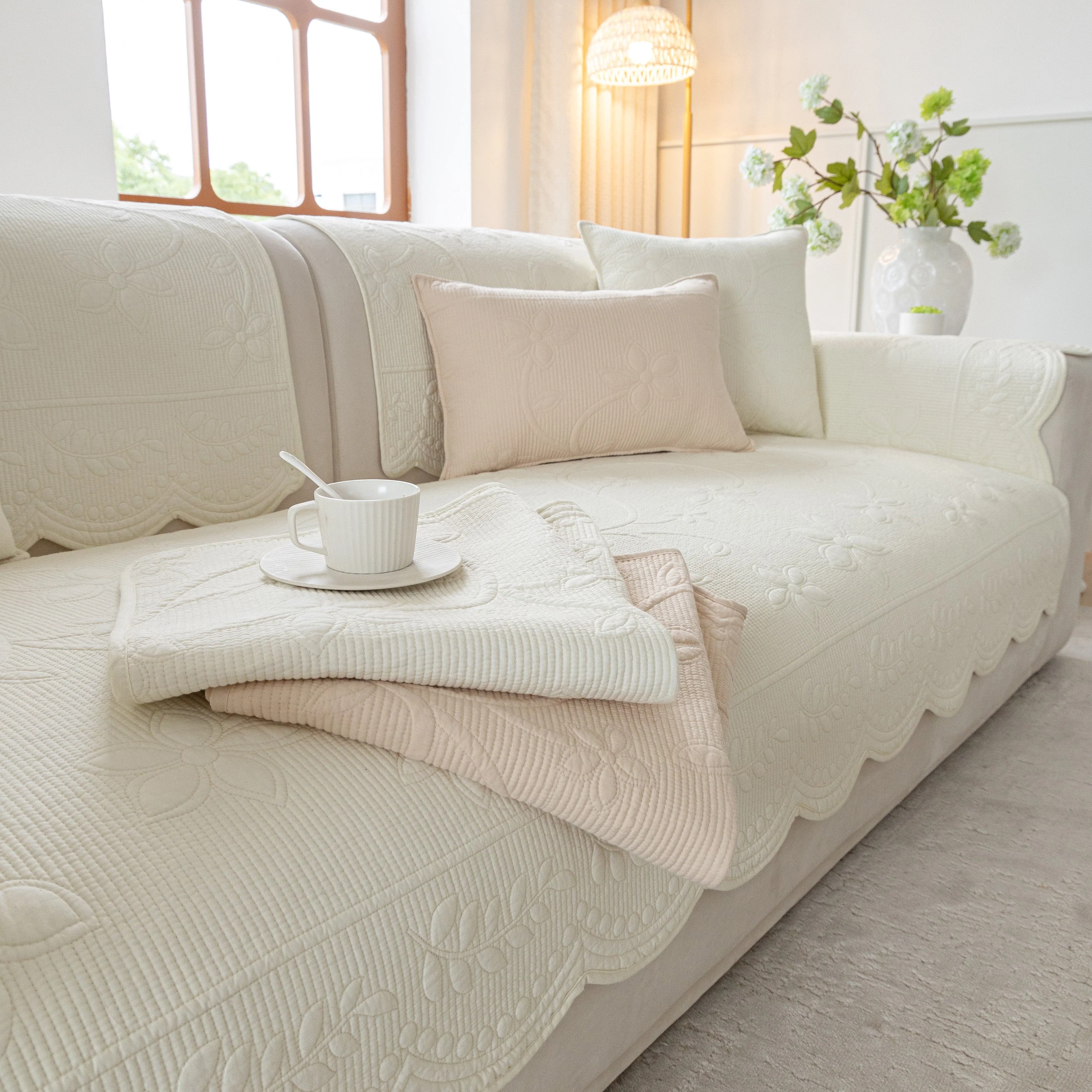 Floral Cotton Quilted Sofa Cover, Non-Slip Couch Protector with Scalloped Edges - Image 10