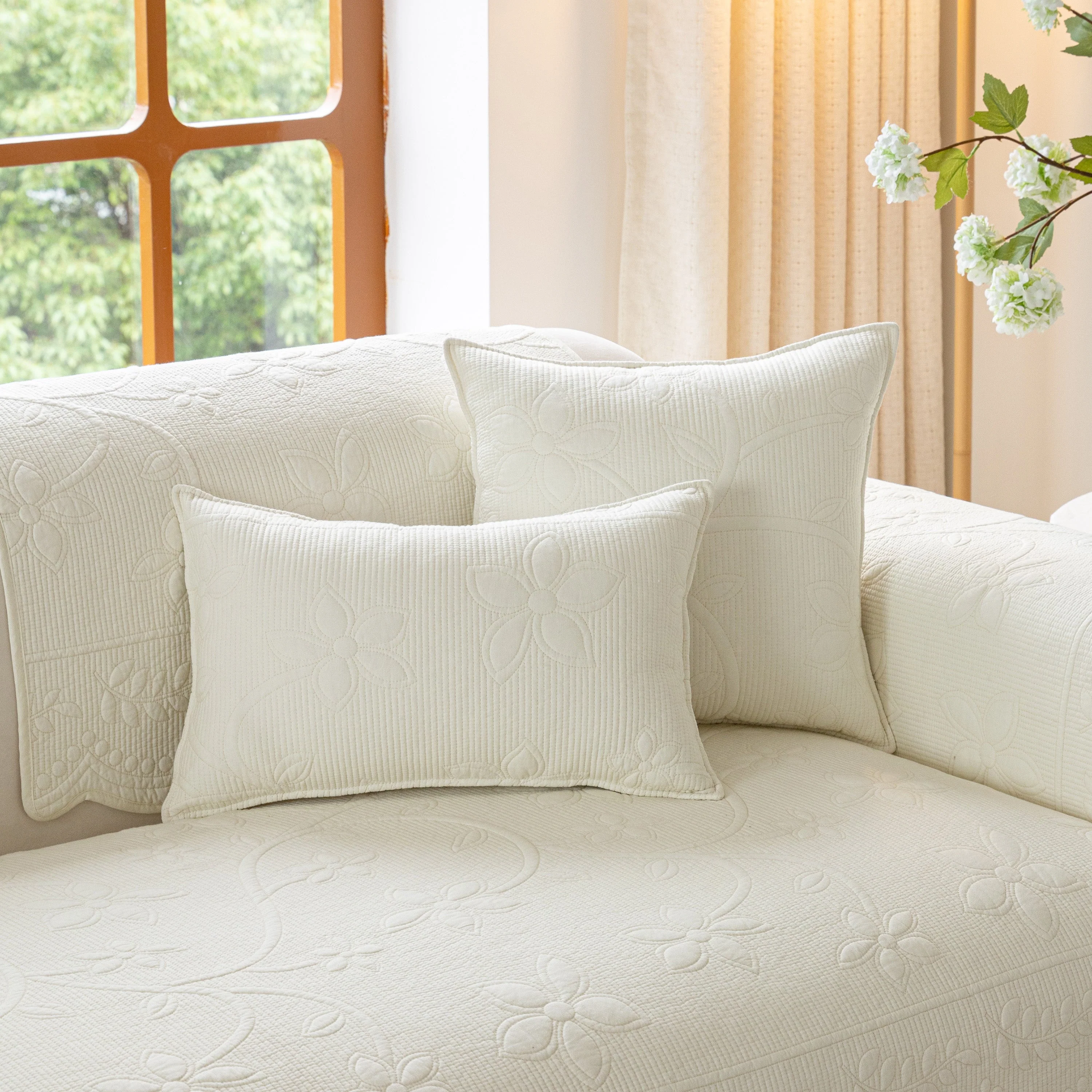 Floral Cotton Quilted Sofa Cover, Non-Slip Couch Protector with Scalloped Edges - Image 12