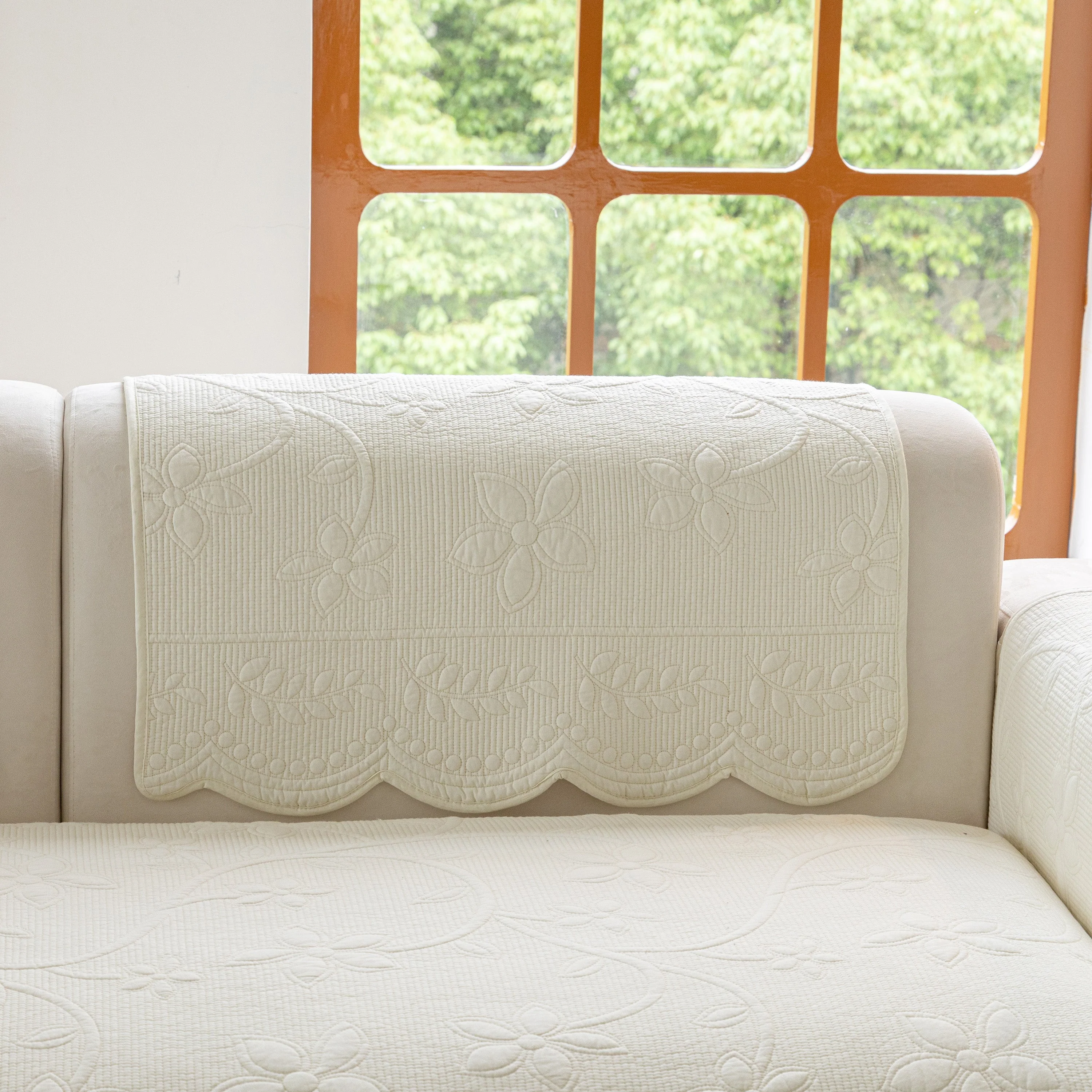 Floral Cotton Quilted Sofa Cover, Non-Slip Couch Protector with Scalloped Edges - Image 13