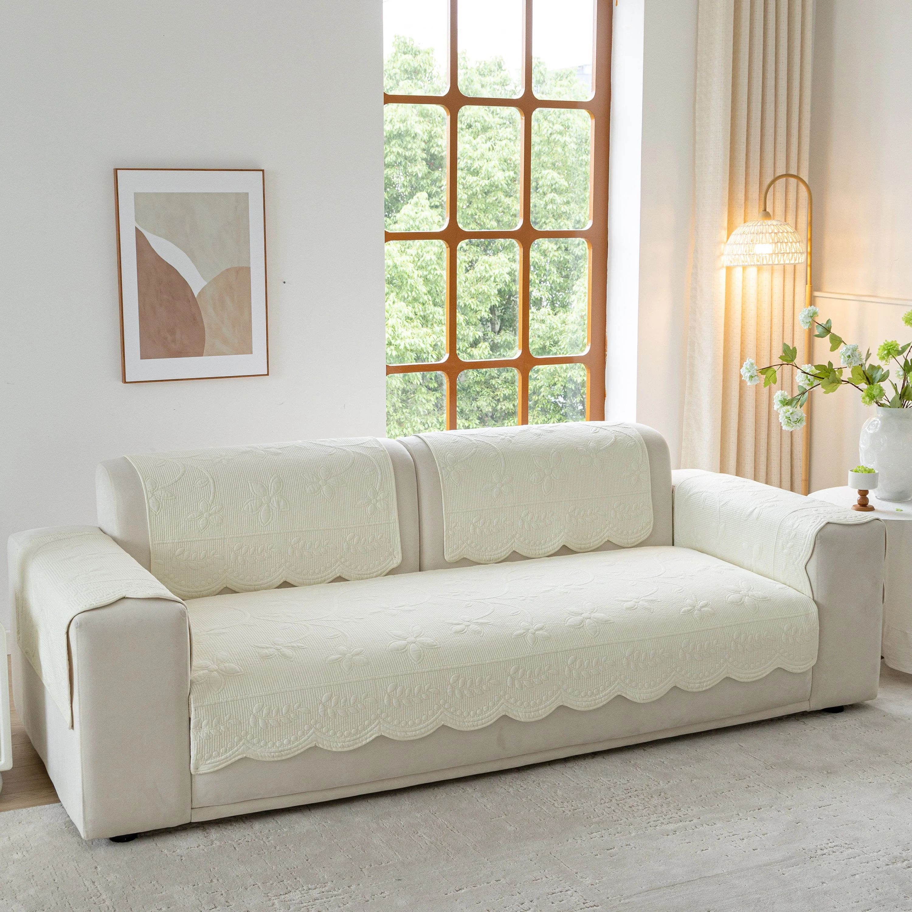 Floral Cotton Quilted Sofa Cover, Non-Slip Couch Protector with Scalloped Edges - Image 14