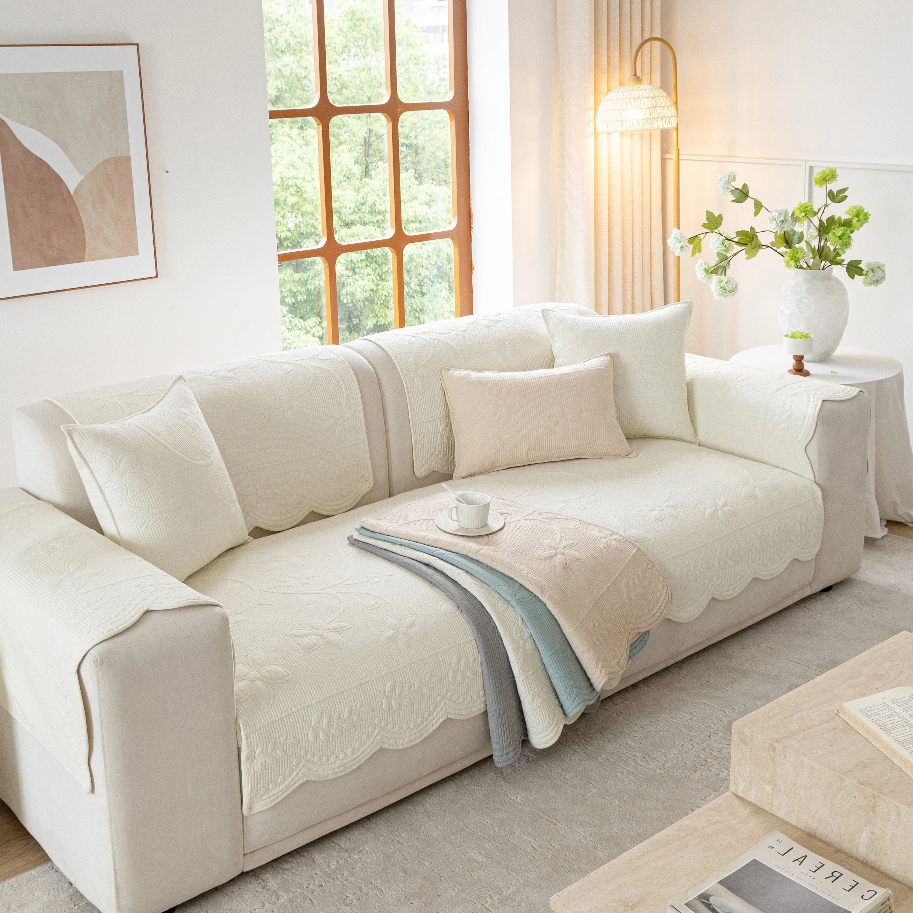 Floral Cotton Quilted Sofa Cover, Non-Slip Couch Protector with Scalloped Edges - Image 15
