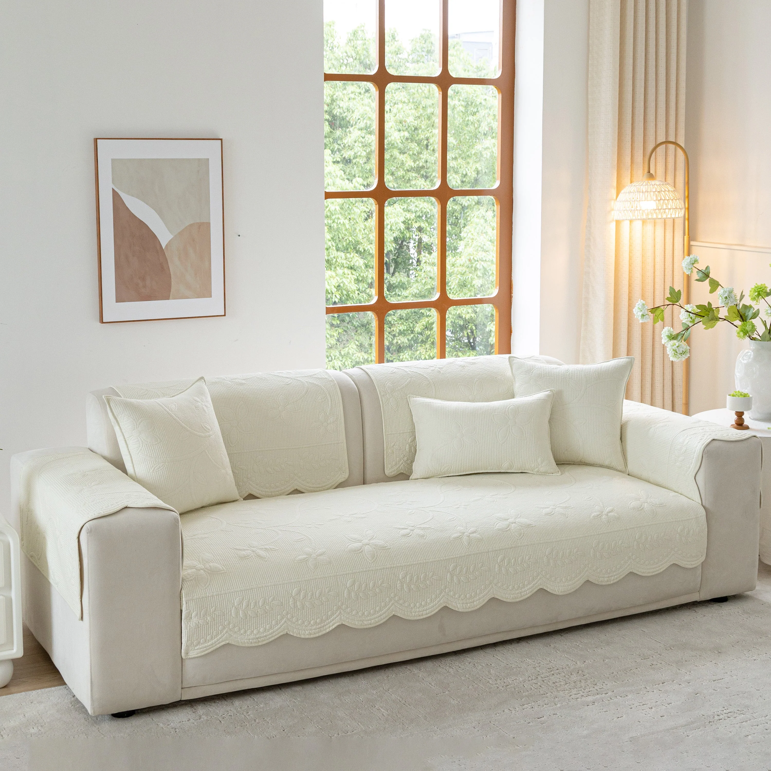 Floral Cotton Quilted Sofa Cover, Non-Slip Couch Protector with Scalloped Edges - Image 16