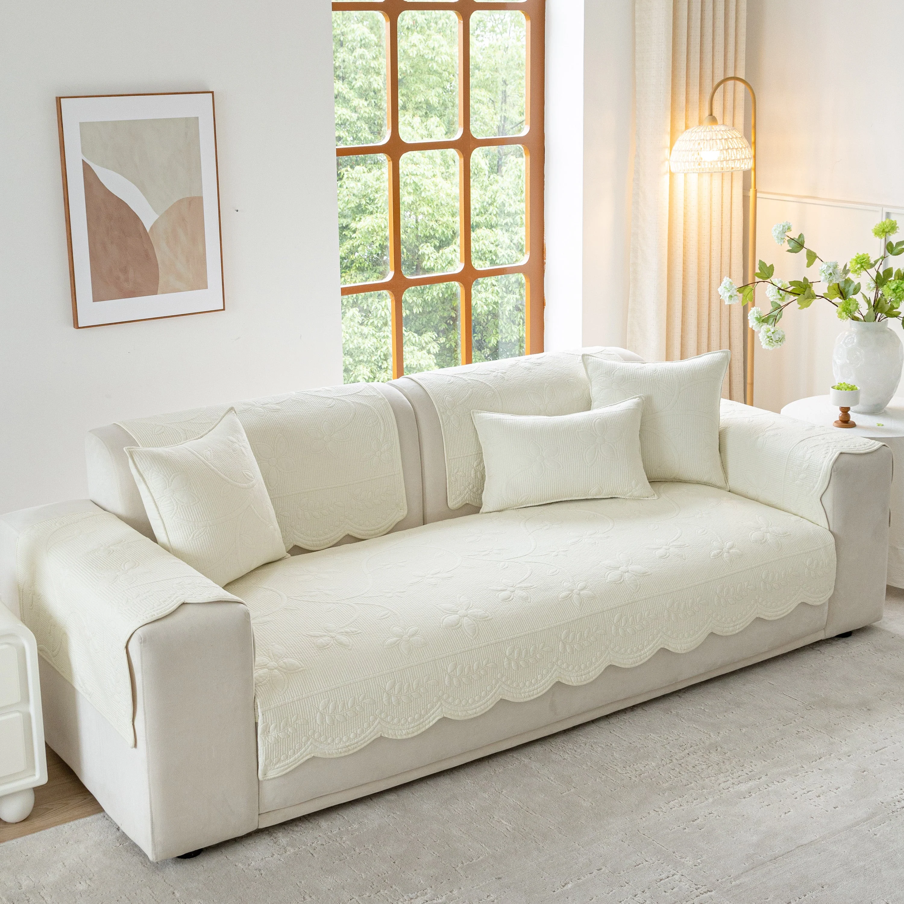 Floral Cotton Quilted Sofa Cover, Non-Slip Couch Protector with Scalloped Edges - Image 17