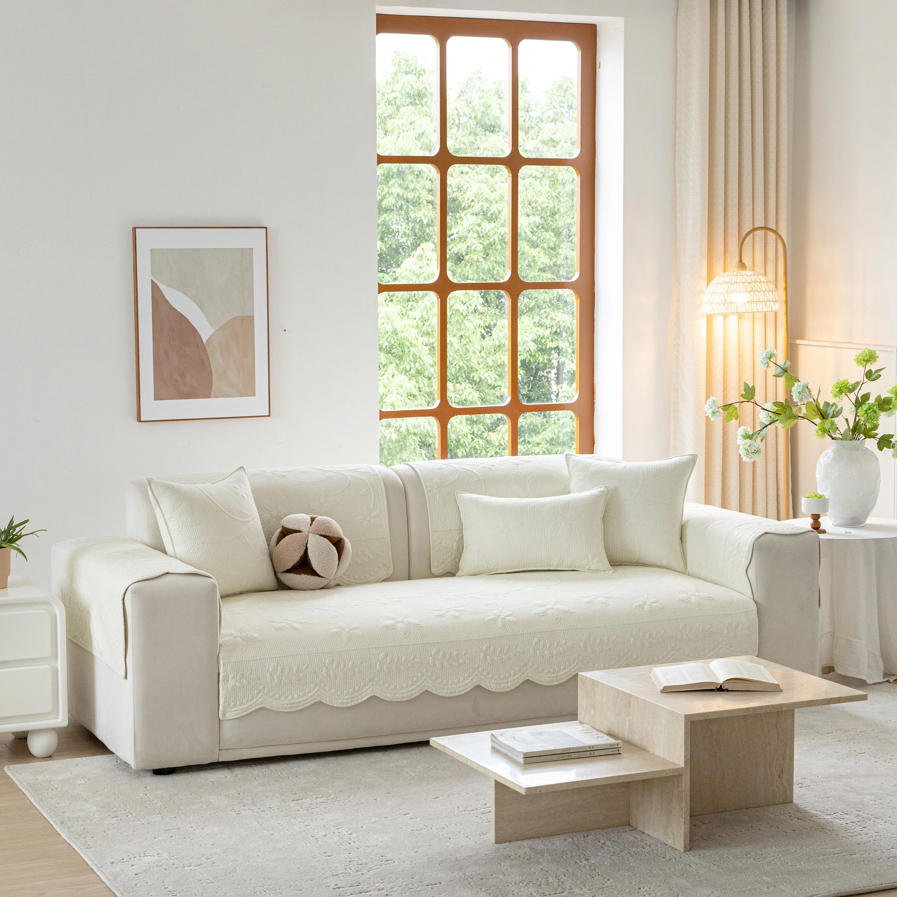 Floral Cotton Quilted Sofa Cover, Non-Slip Couch Protector with Scalloped Edges - Image 18