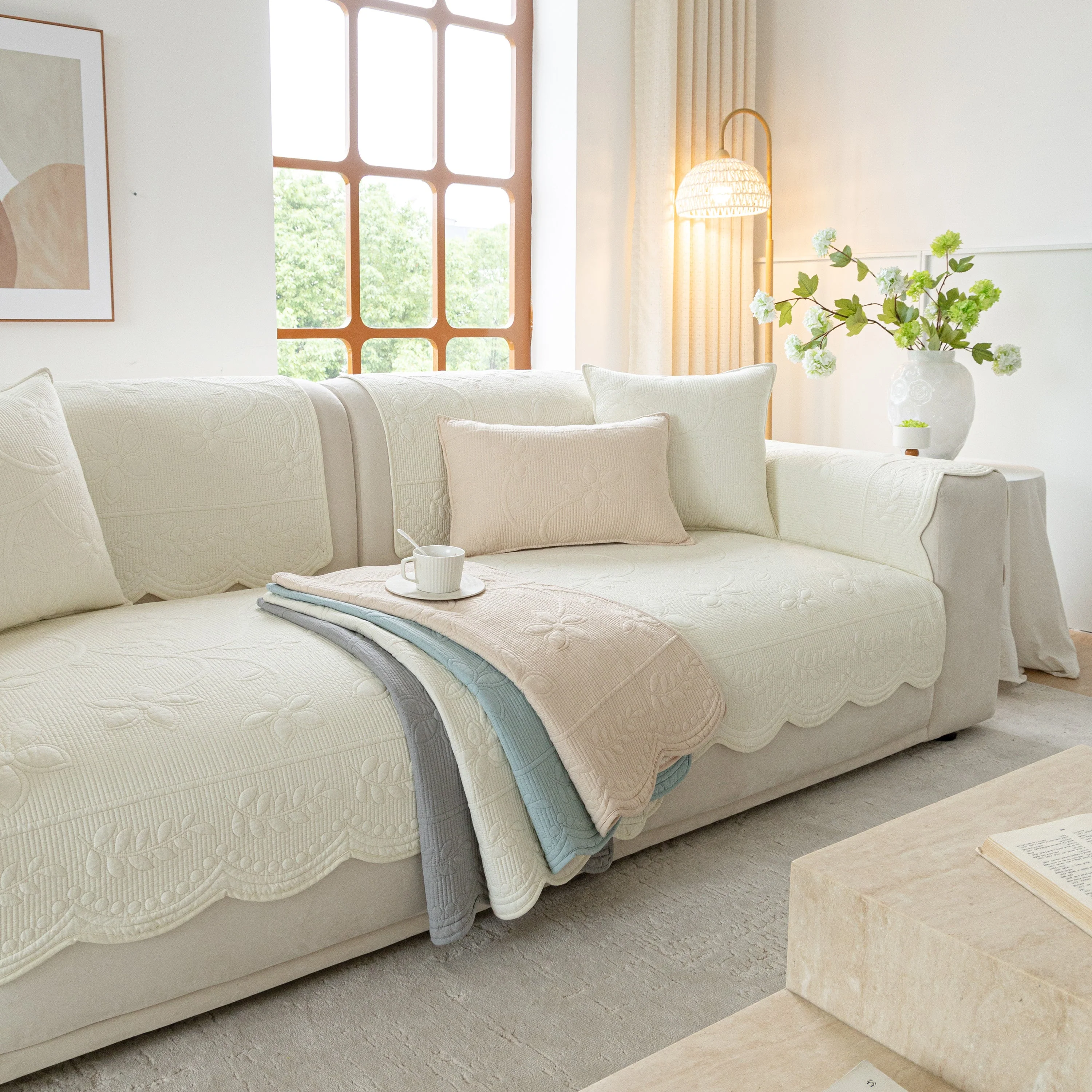 Floral Cotton Quilted Sofa Cover, Non-Slip Couch Protector with Scalloped Edges - Image 19