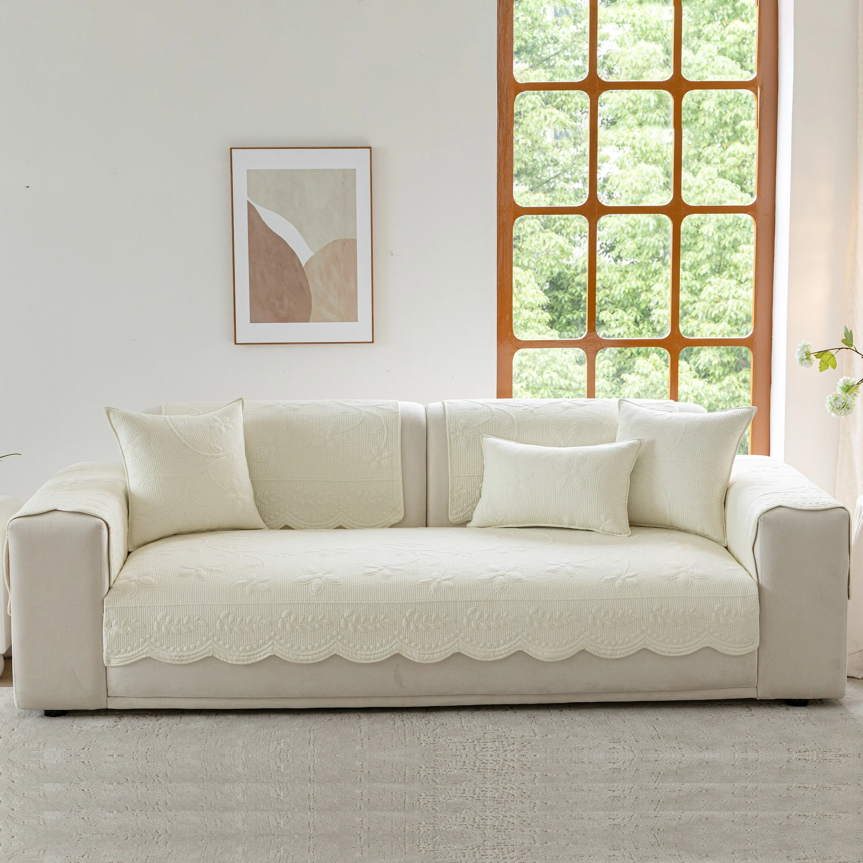 Floral Cotton Quilted Sofa Cover, Non-Slip Couch Protector with Scalloped Edges - Image 2