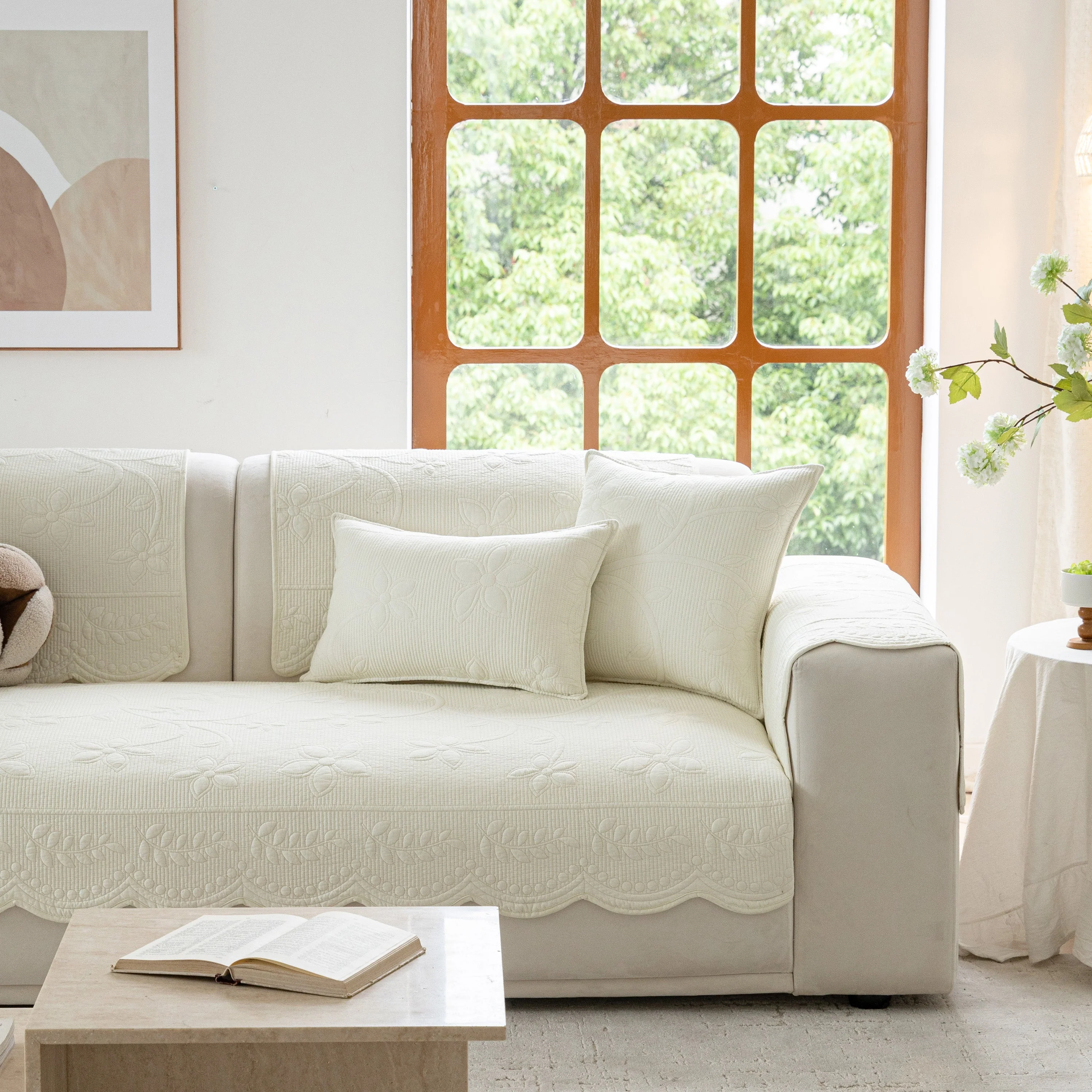 Floral Cotton Quilted Sofa Cover, Non-Slip Couch Protector with Scalloped Edges - Image 20