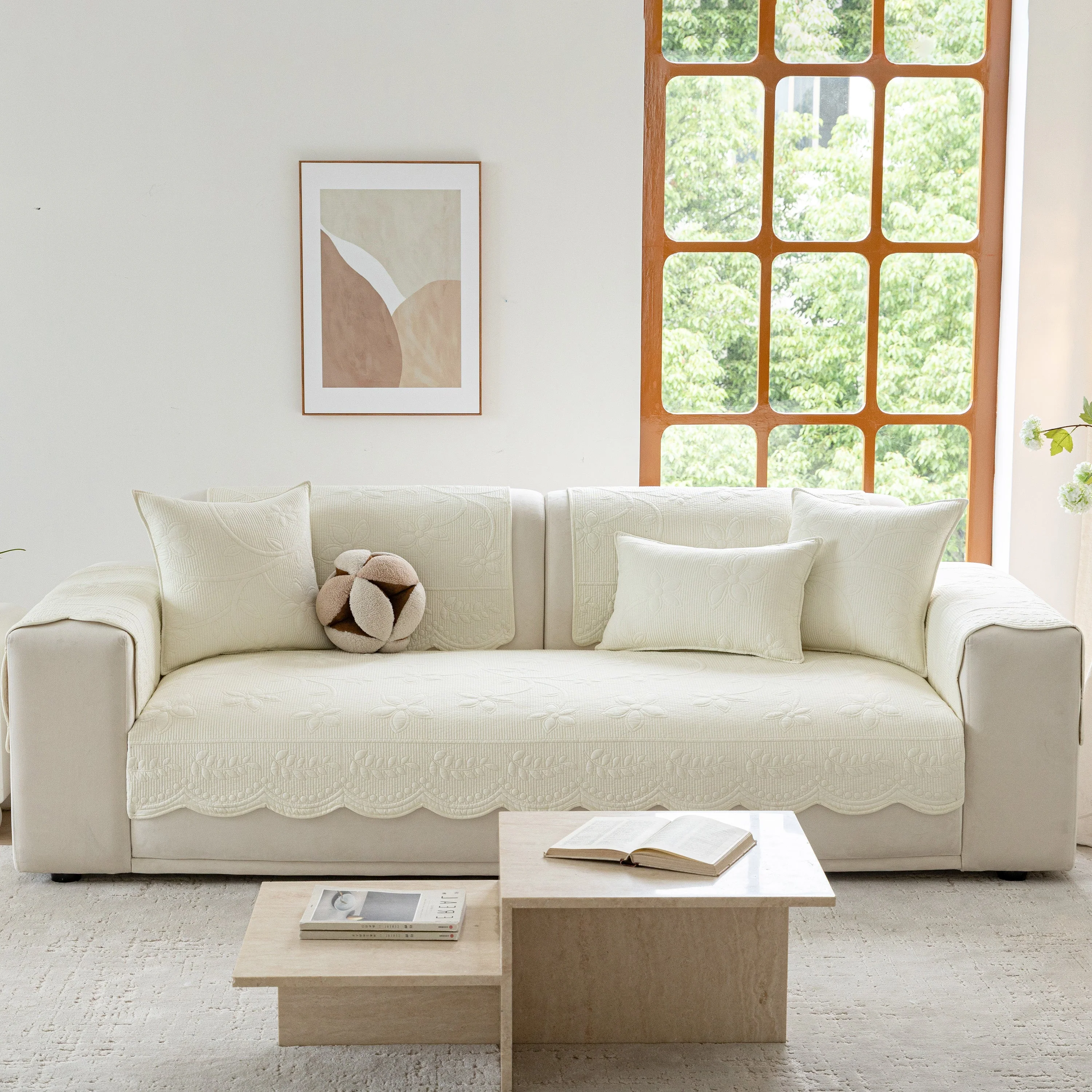 Floral Cotton Quilted Sofa Cover, Non-Slip Couch Protector with Scalloped Edges - Image 21