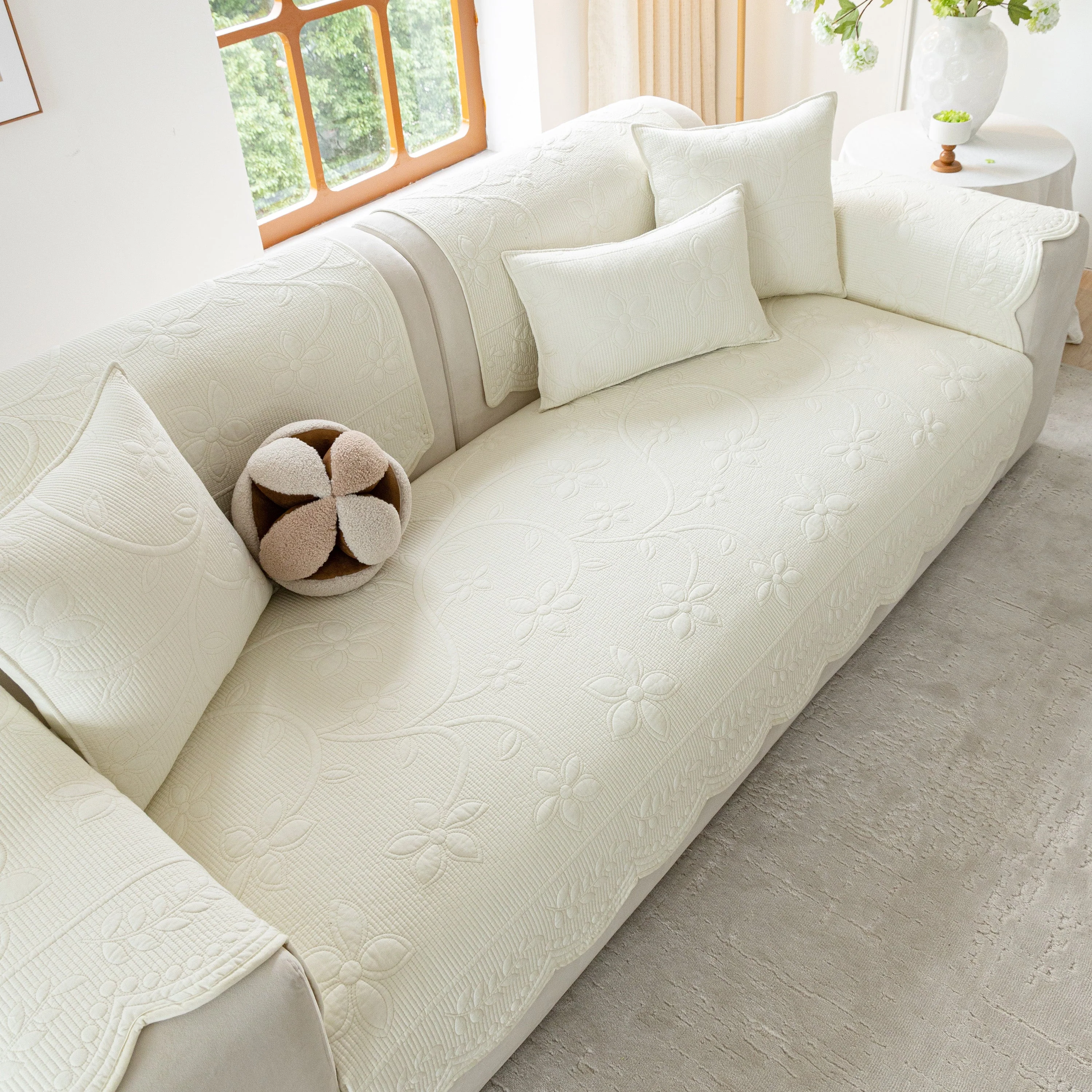 Floral Cotton Quilted Sofa Cover, Non-Slip Couch Protector with Scalloped Edges - Image 22