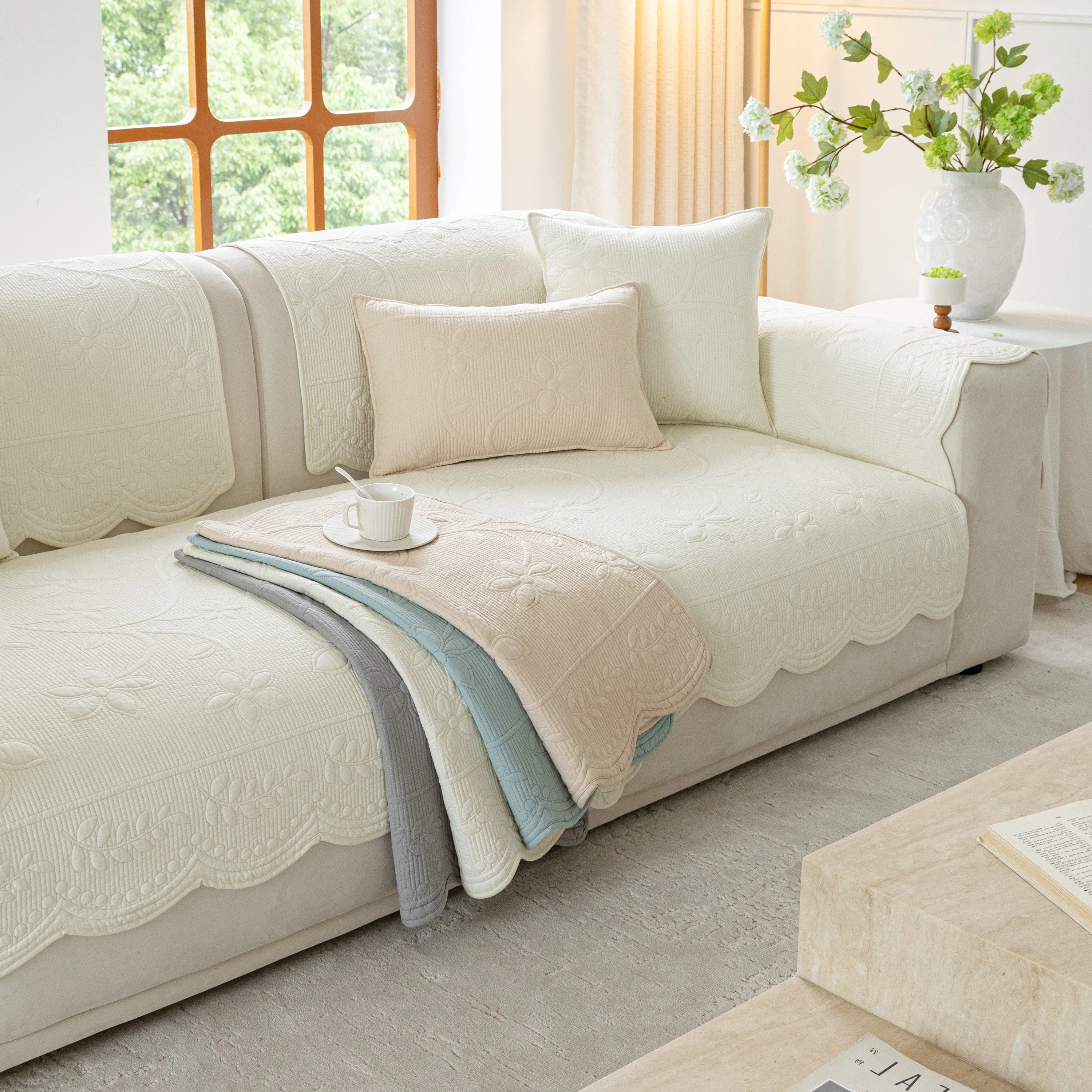 Floral Cotton Quilted Sofa Cover, Non-Slip Couch Protector with Scalloped Edges - Image 23