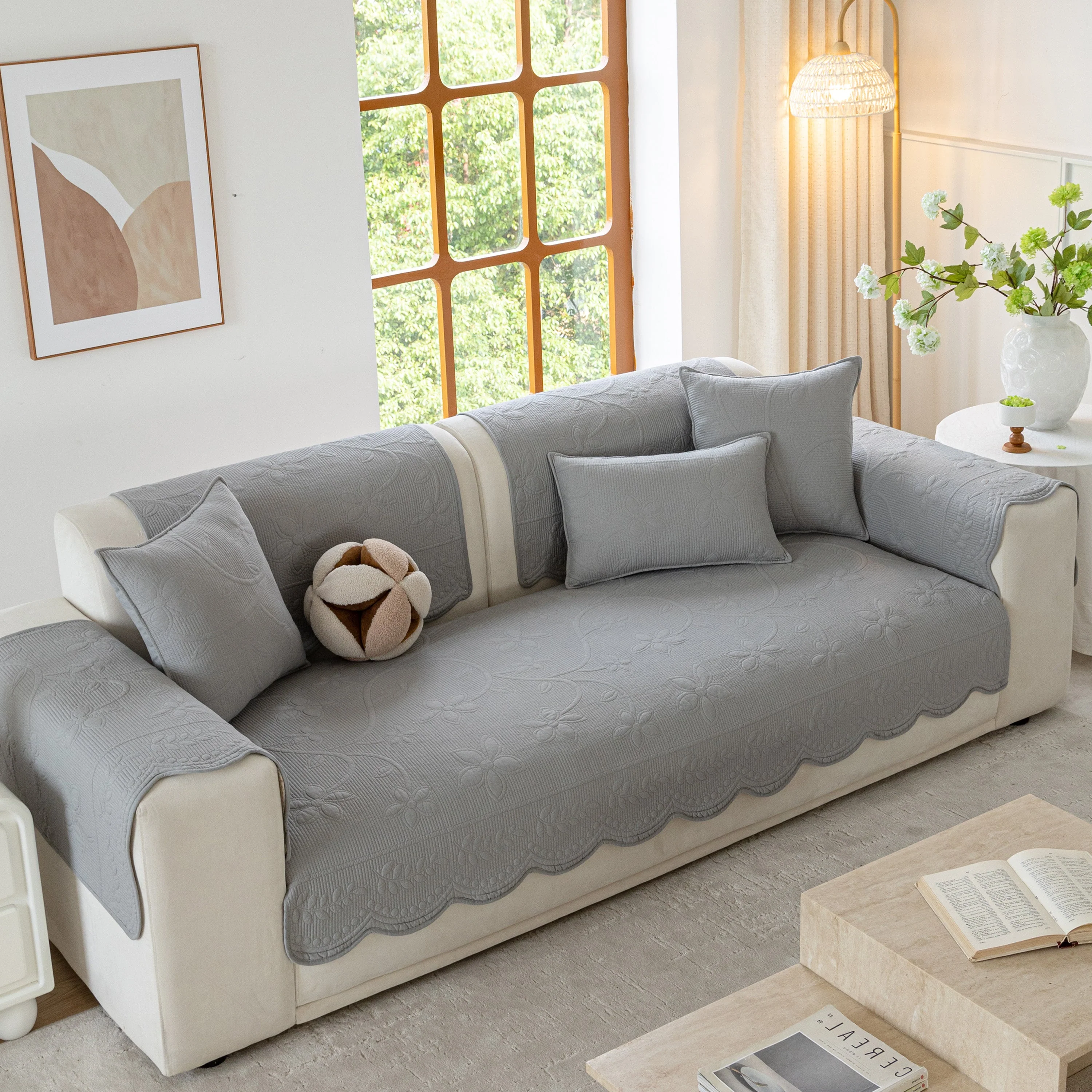 Floral Cotton Quilted Sofa Cover, Non-Slip Couch Protector with Scalloped Edges - Image 24