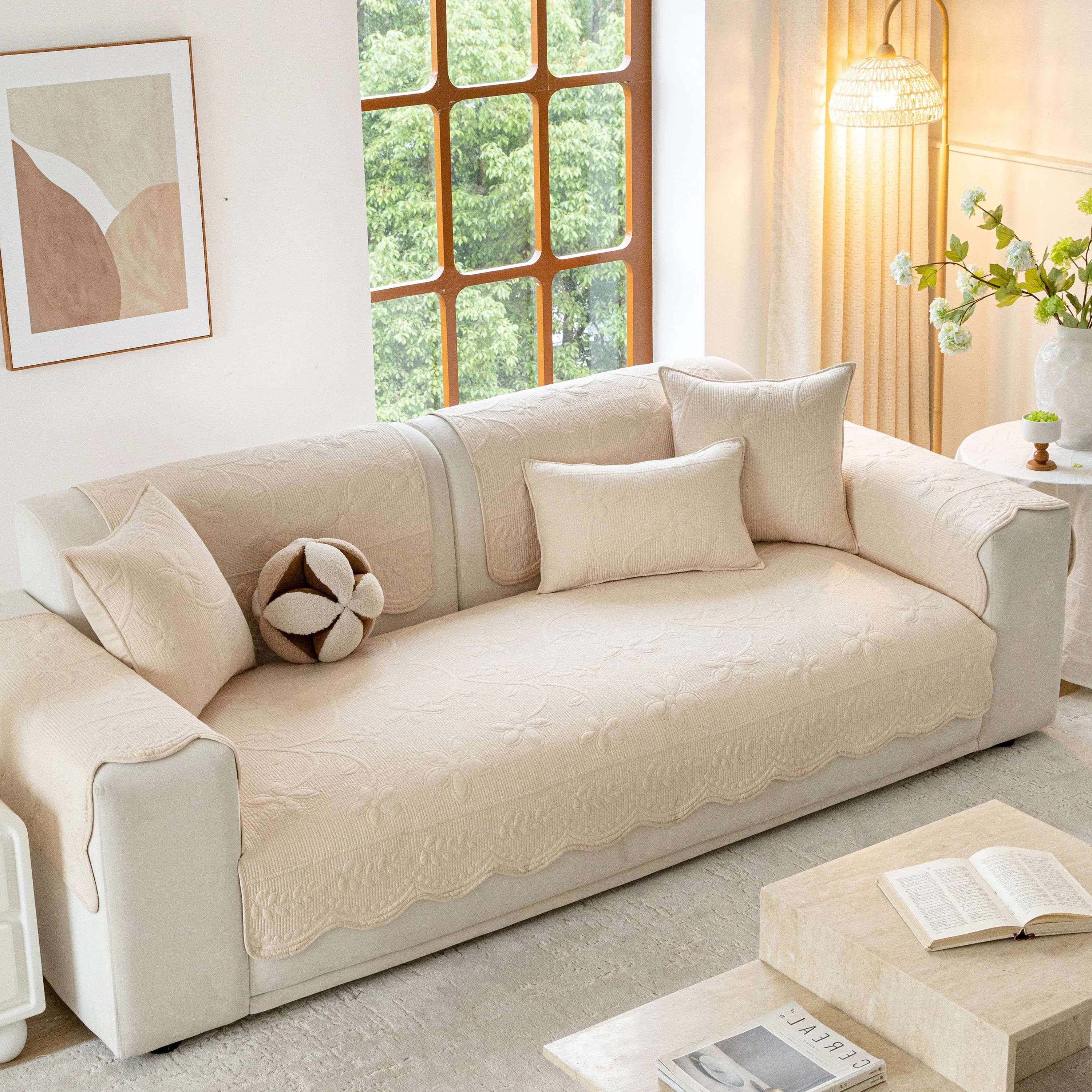 Floral Cotton Quilted Sofa Cover, Non-Slip Couch Protector with Scalloped Edges - Image 25
