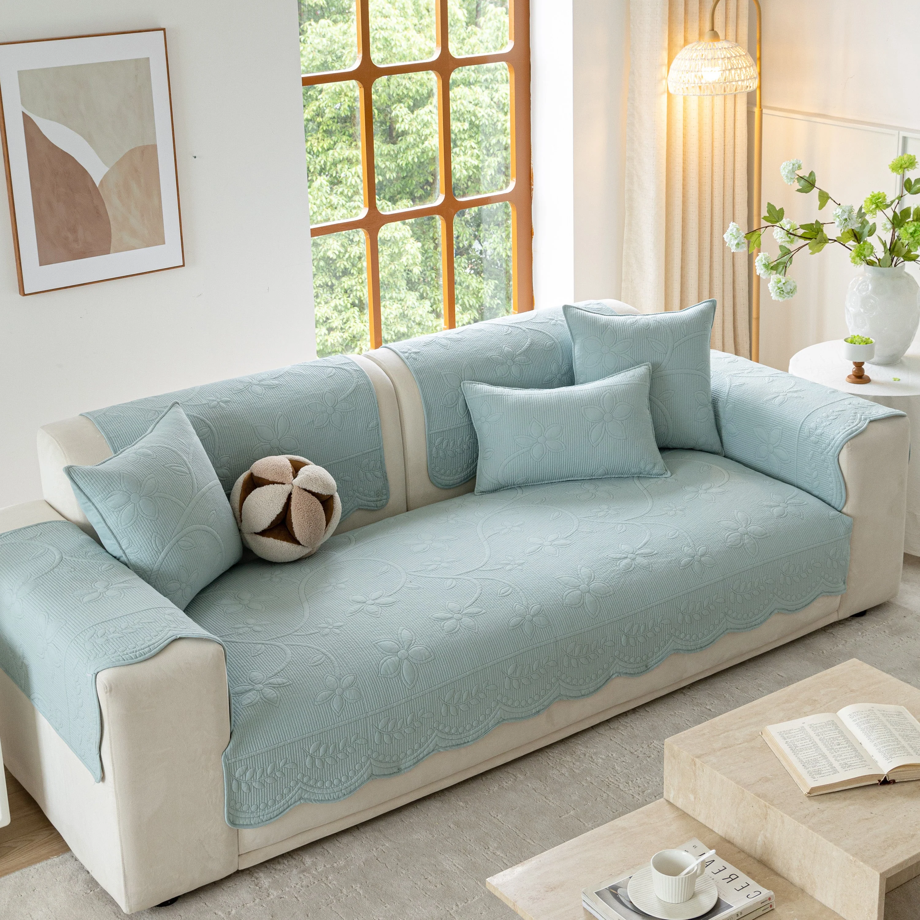 Floral Cotton Quilted Sofa Cover, Non-Slip Couch Protector with Scalloped Edges - Image 26