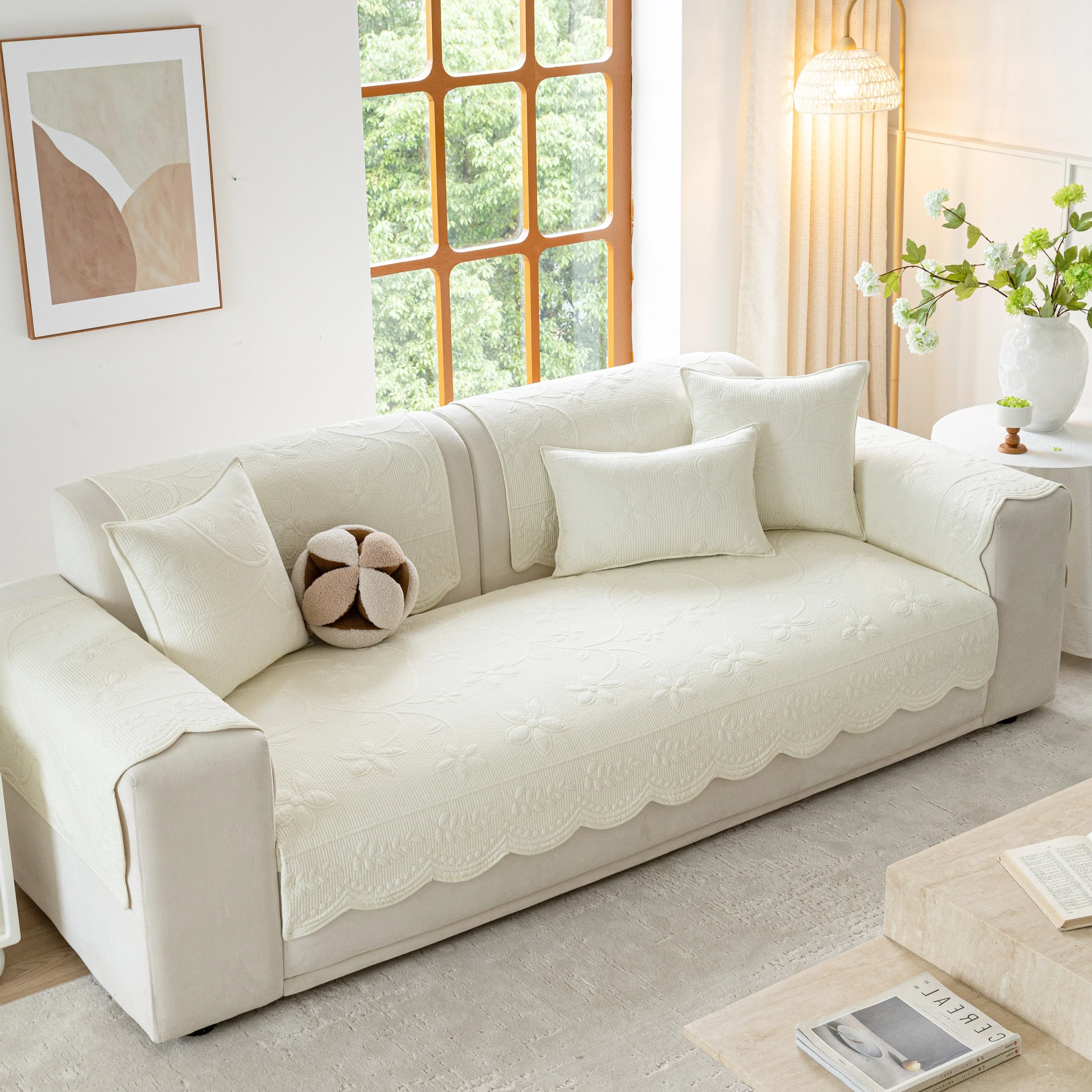 Floral Cotton Quilted Sofa Cover, Non-Slip Couch Protector with Scalloped Edges - Image 27