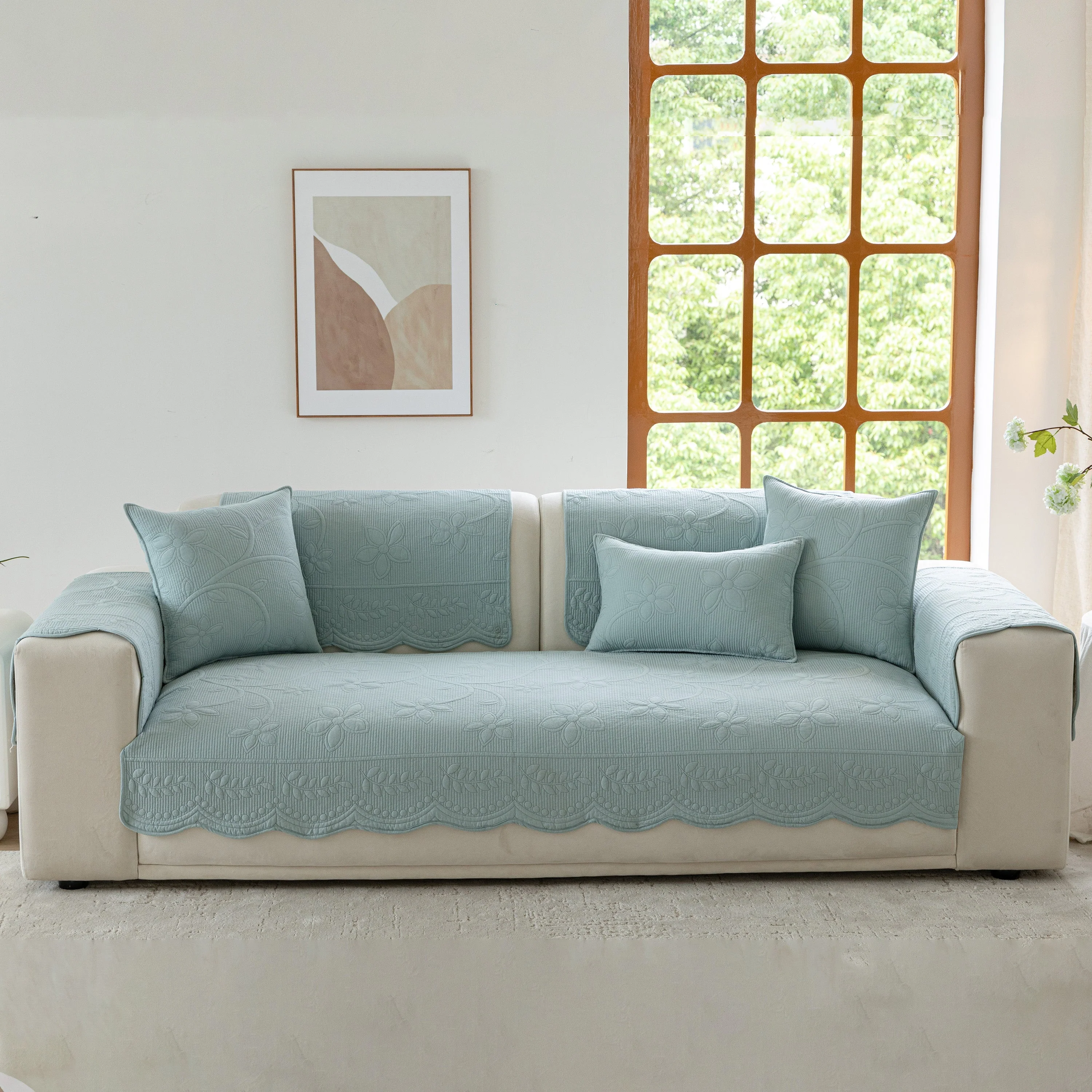 Floral Cotton Quilted Sofa Cover, Non-Slip Couch Protector with Scalloped Edges - Image 28