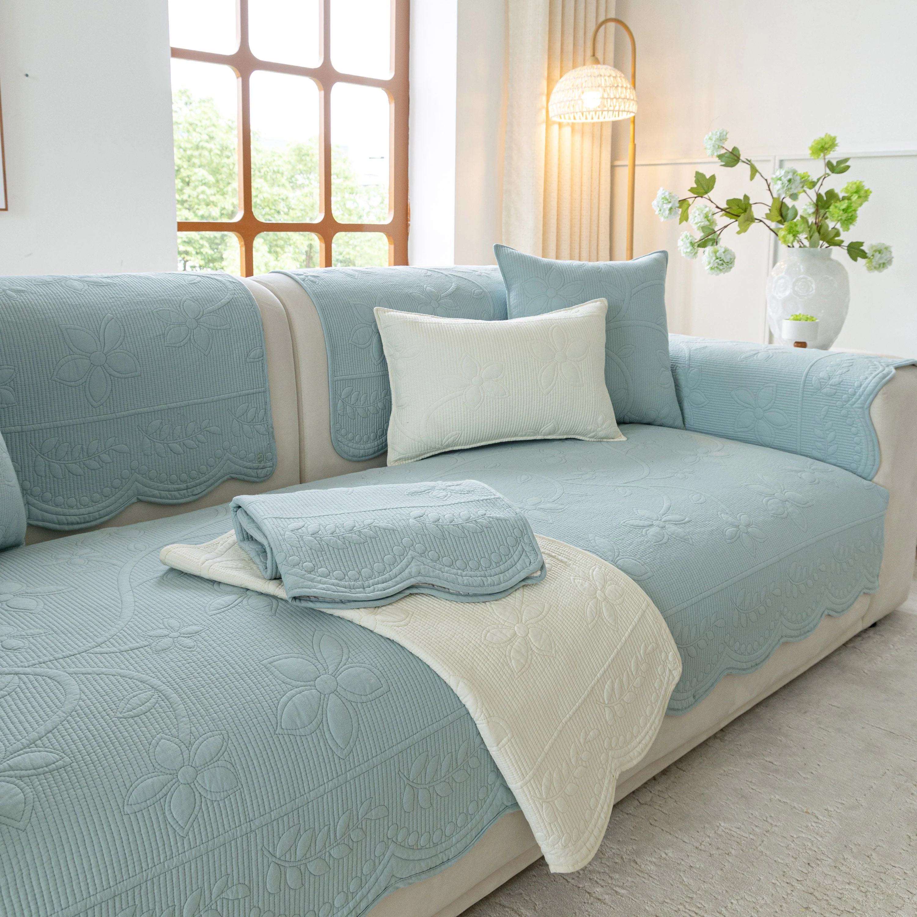 Floral Cotton Quilted Sofa Cover, Non-Slip Couch Protector with Scalloped Edges - Image 29