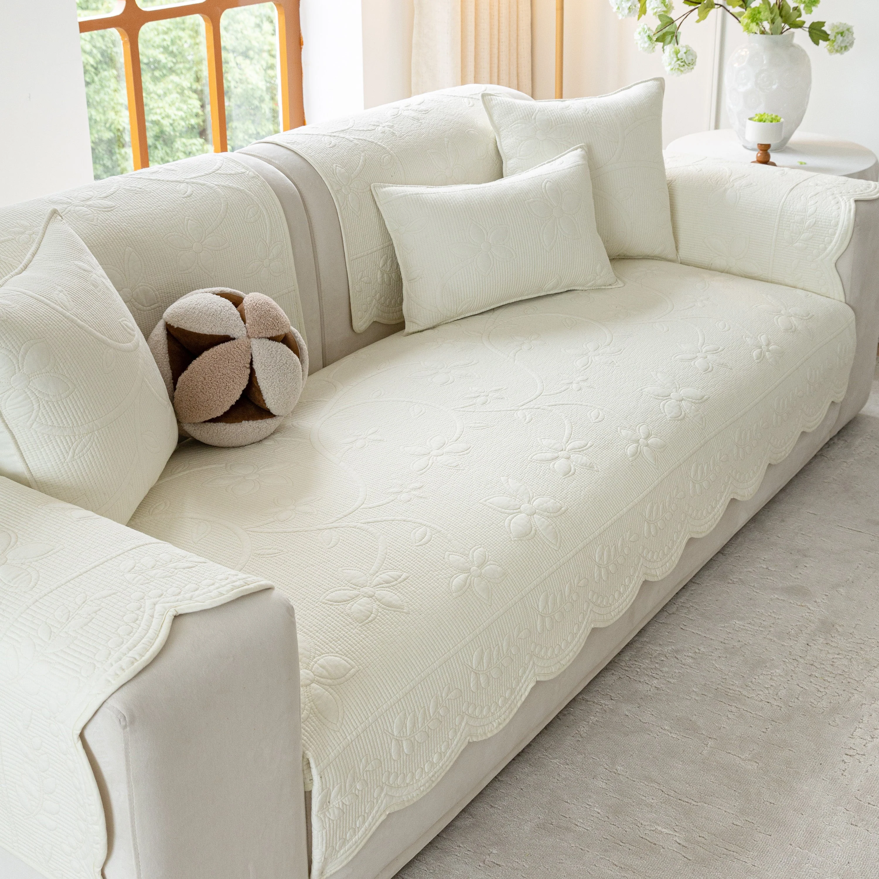 Floral Cotton Quilted Sofa Cover, Non-Slip Couch Protector with Scalloped Edges - Image 3