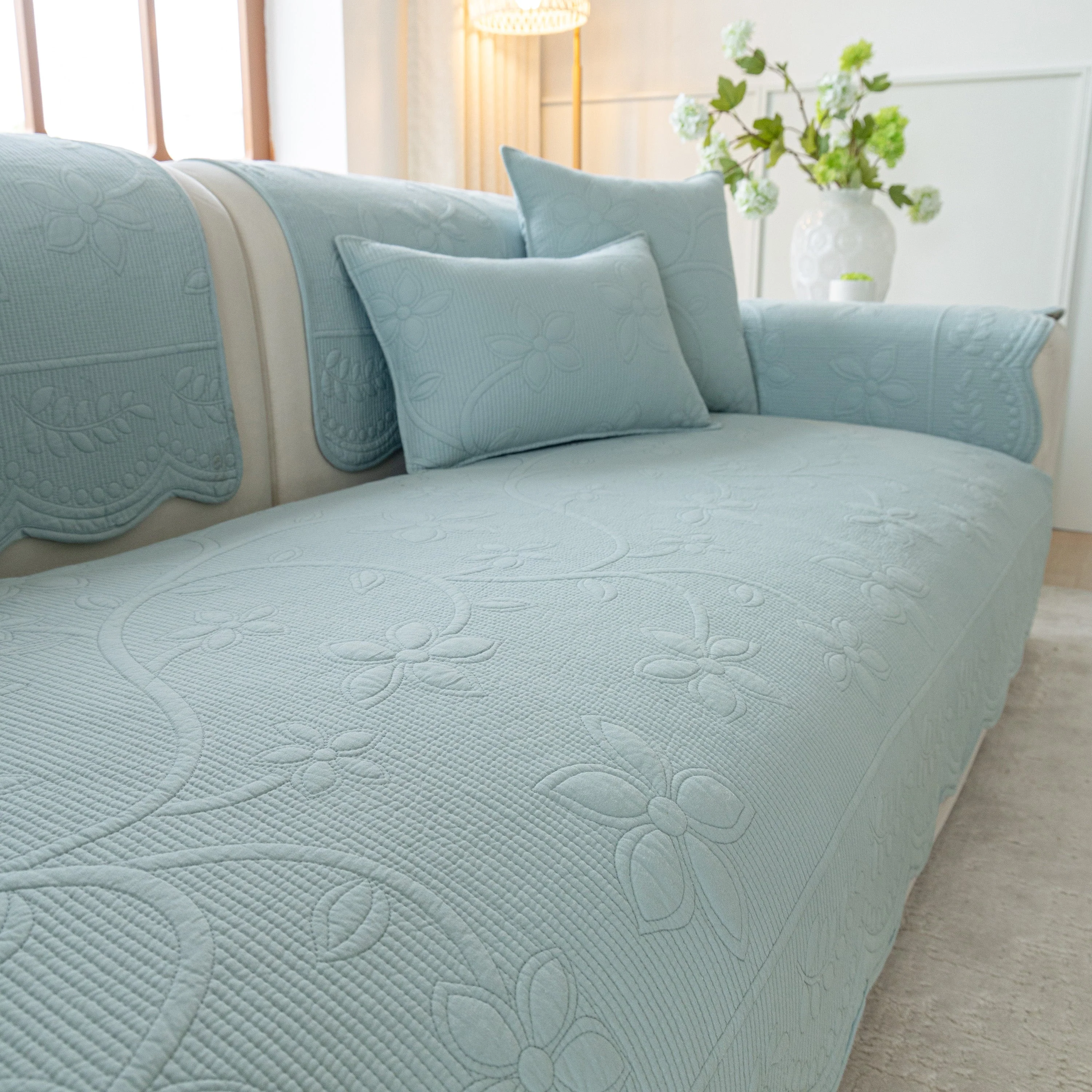 Floral Cotton Quilted Sofa Cover, Non-Slip Couch Protector with Scalloped Edges - Image 32