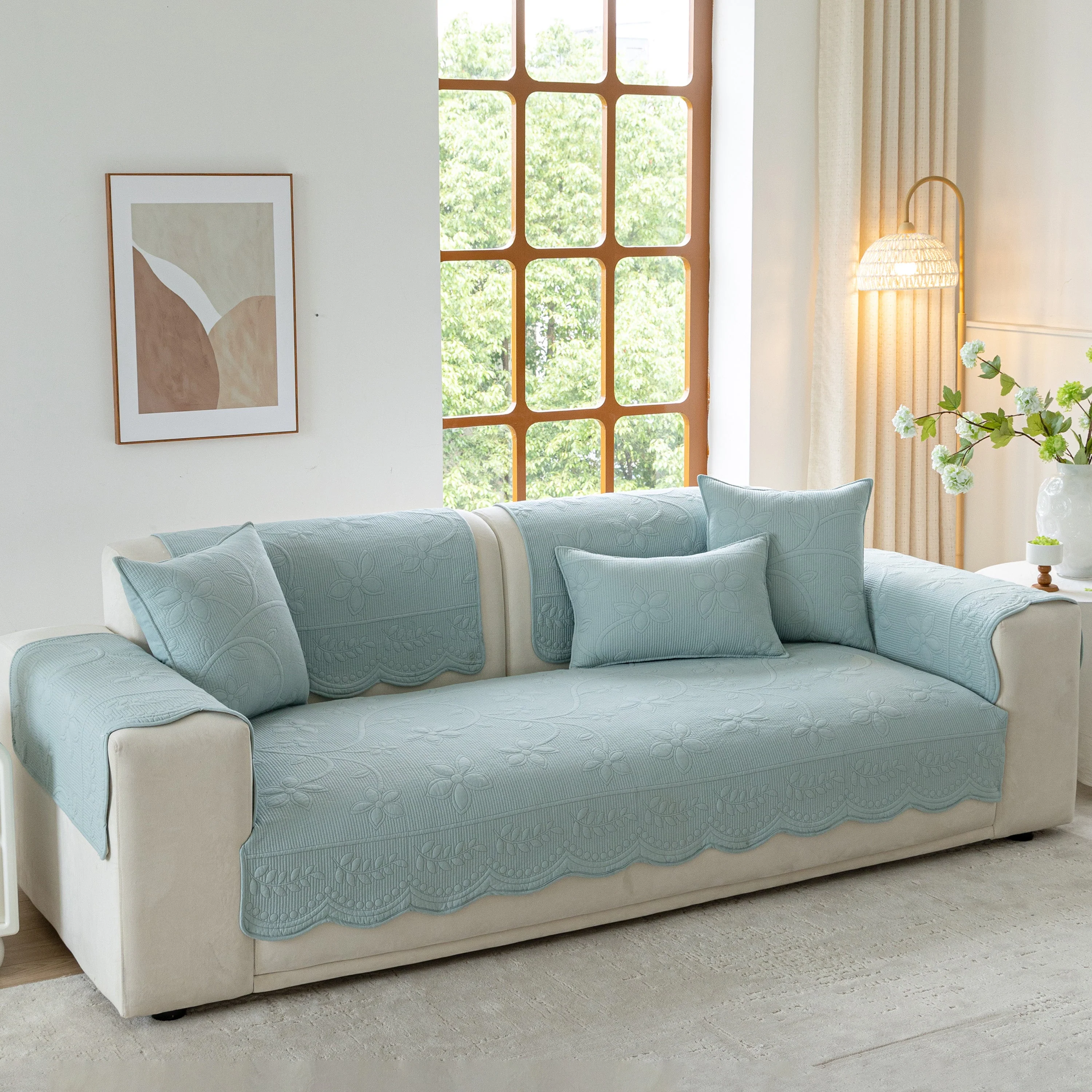 Floral Cotton Quilted Sofa Cover, Non-Slip Couch Protector with Scalloped Edges - Image 33