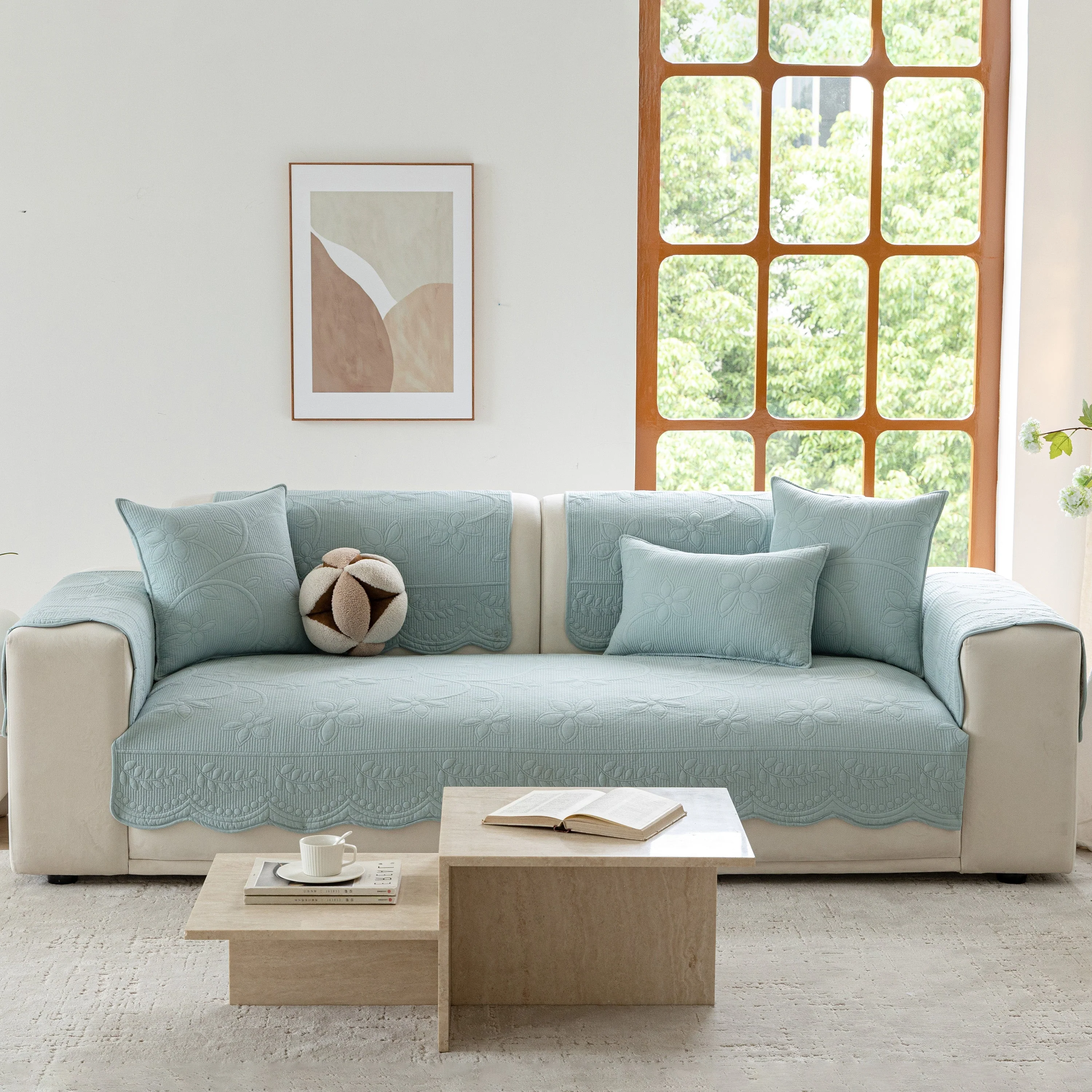 Floral Cotton Quilted Sofa Cover, Non-Slip Couch Protector with Scalloped Edges - Image 34
