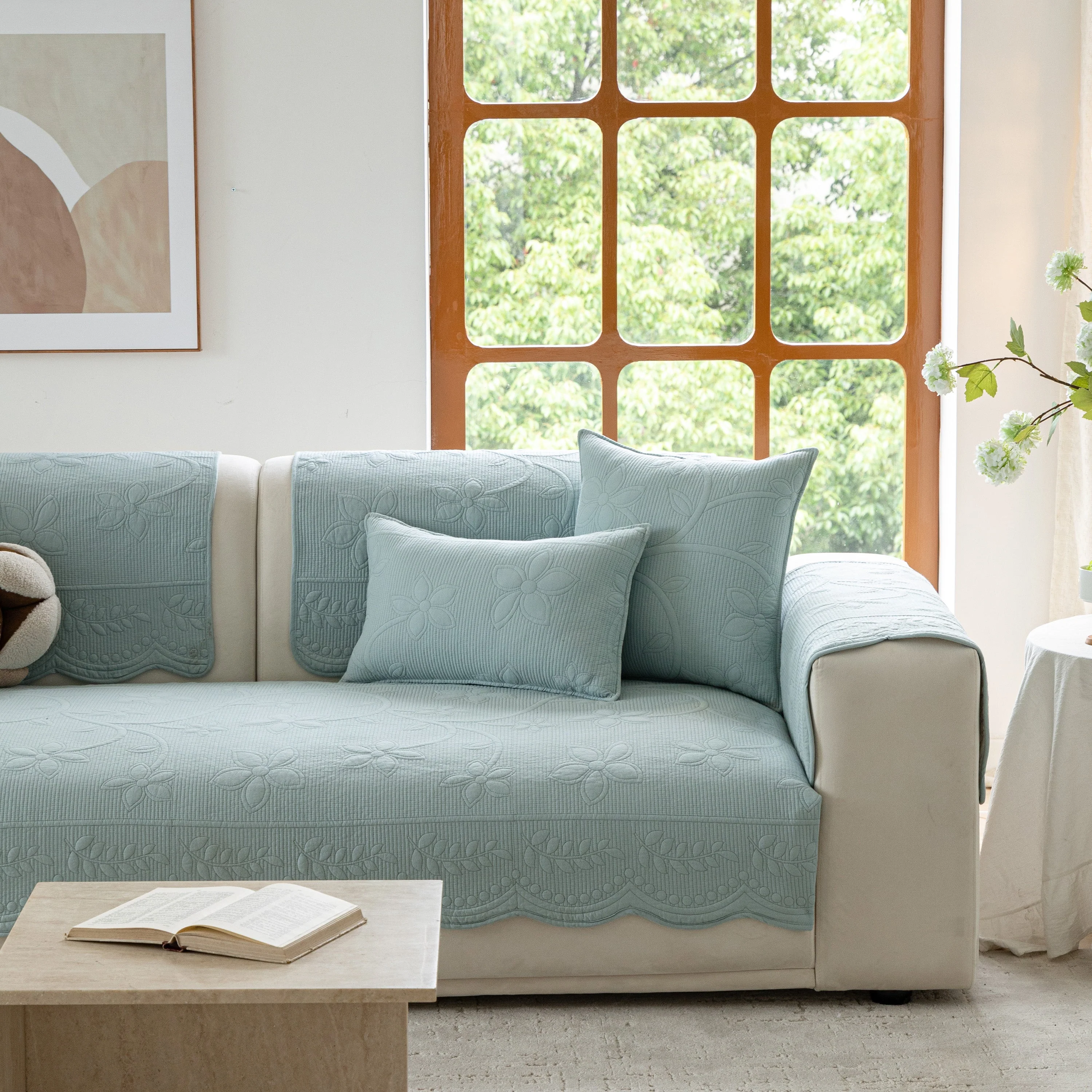 Floral Cotton Quilted Sofa Cover, Non-Slip Couch Protector with Scalloped Edges - Image 35