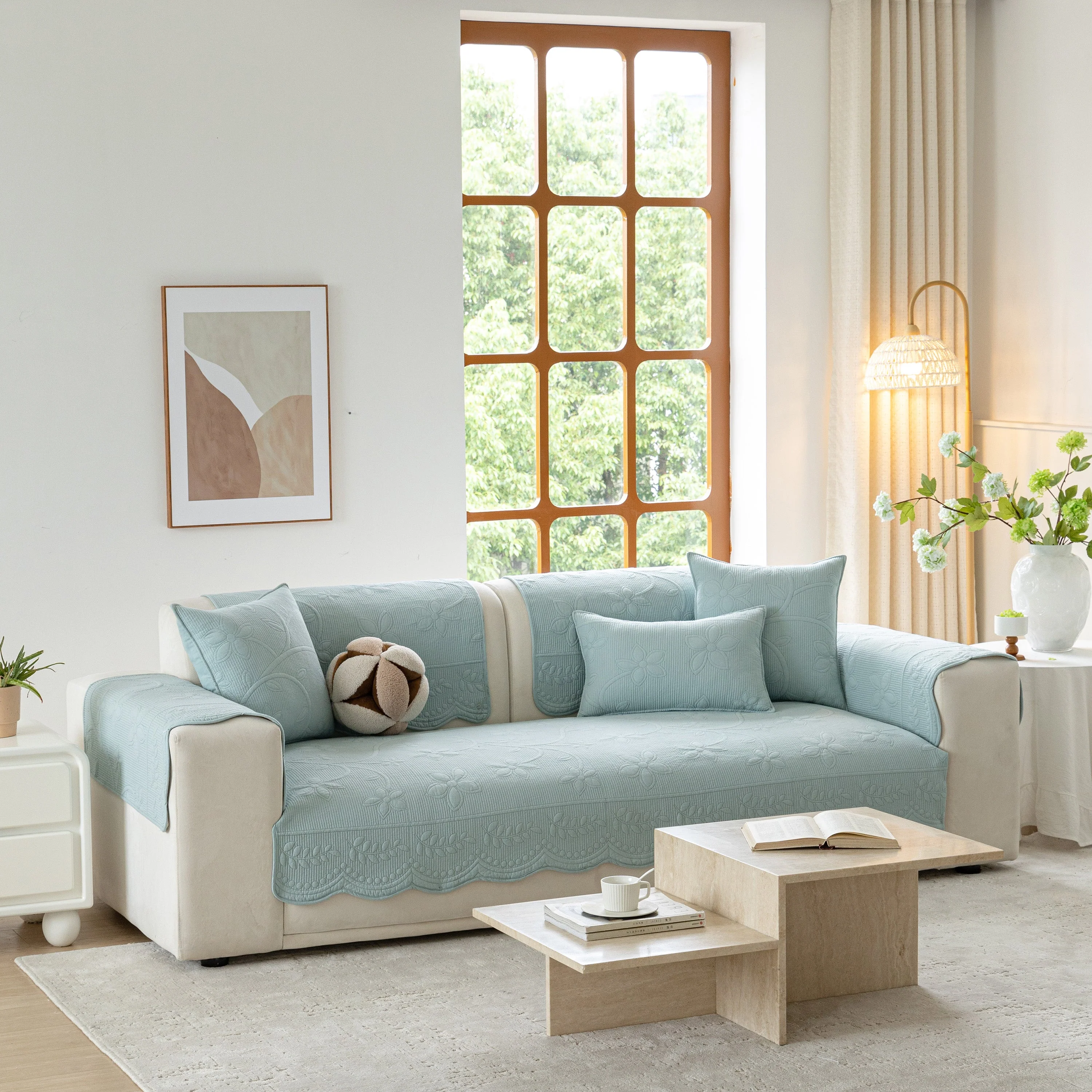 Floral Cotton Quilted Sofa Cover, Non-Slip Couch Protector with Scalloped Edges - Image 36