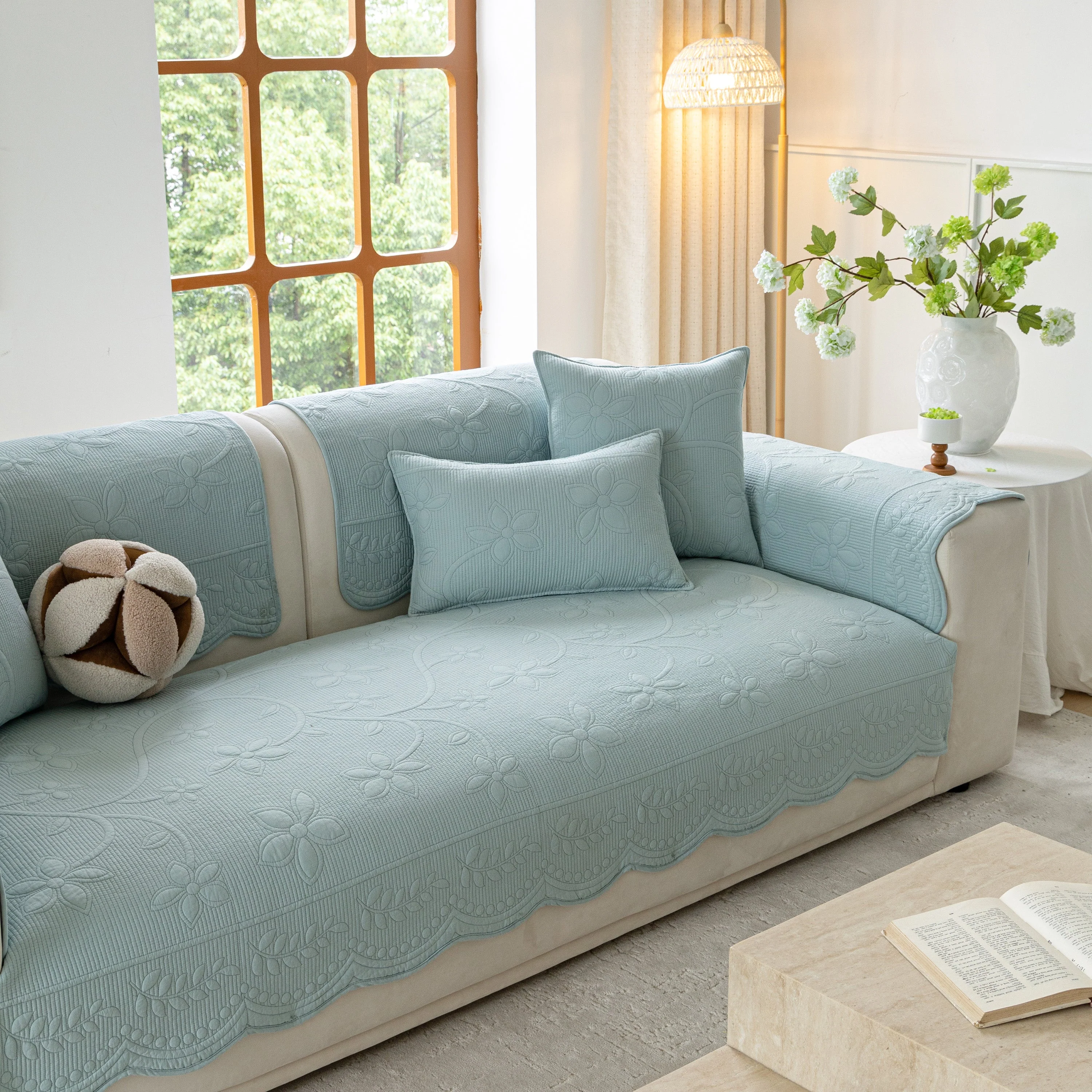 Floral Cotton Quilted Sofa Cover, Non-Slip Couch Protector with Scalloped Edges - Image 37