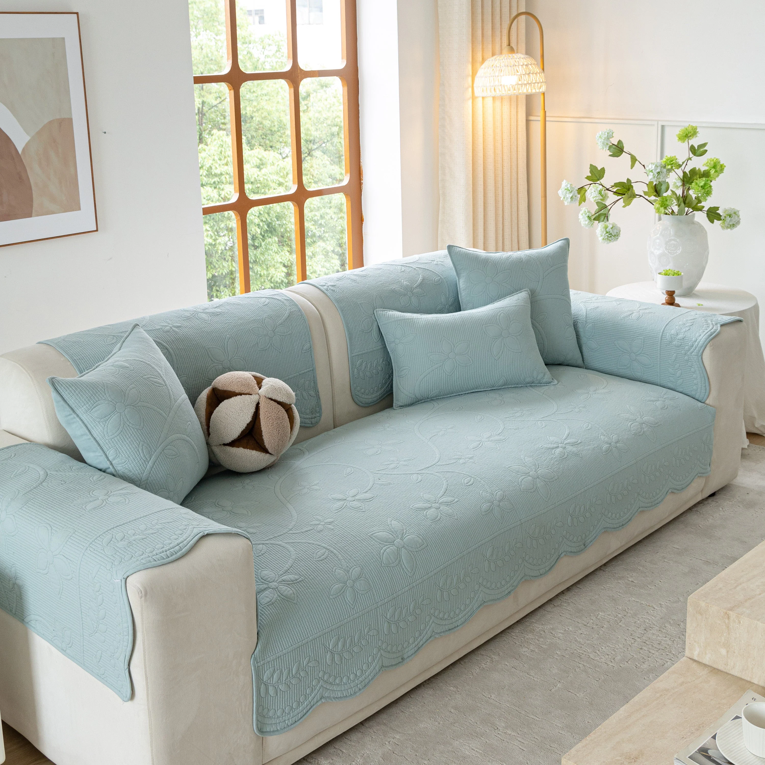 Floral Cotton Quilted Sofa Cover, Non-Slip Couch Protector with Scalloped Edges - Image 38