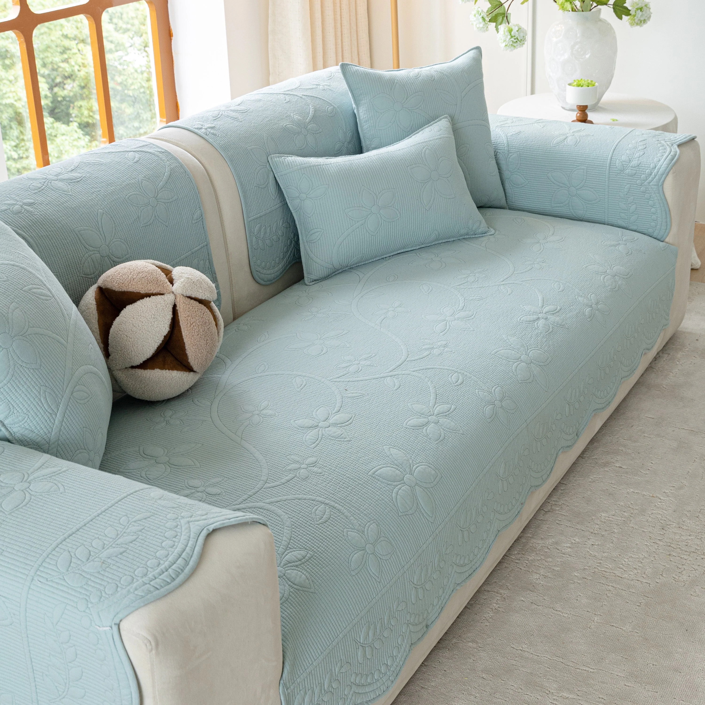 Floral Cotton Quilted Sofa Cover, Non-Slip Couch Protector with Scalloped Edges - Image 39