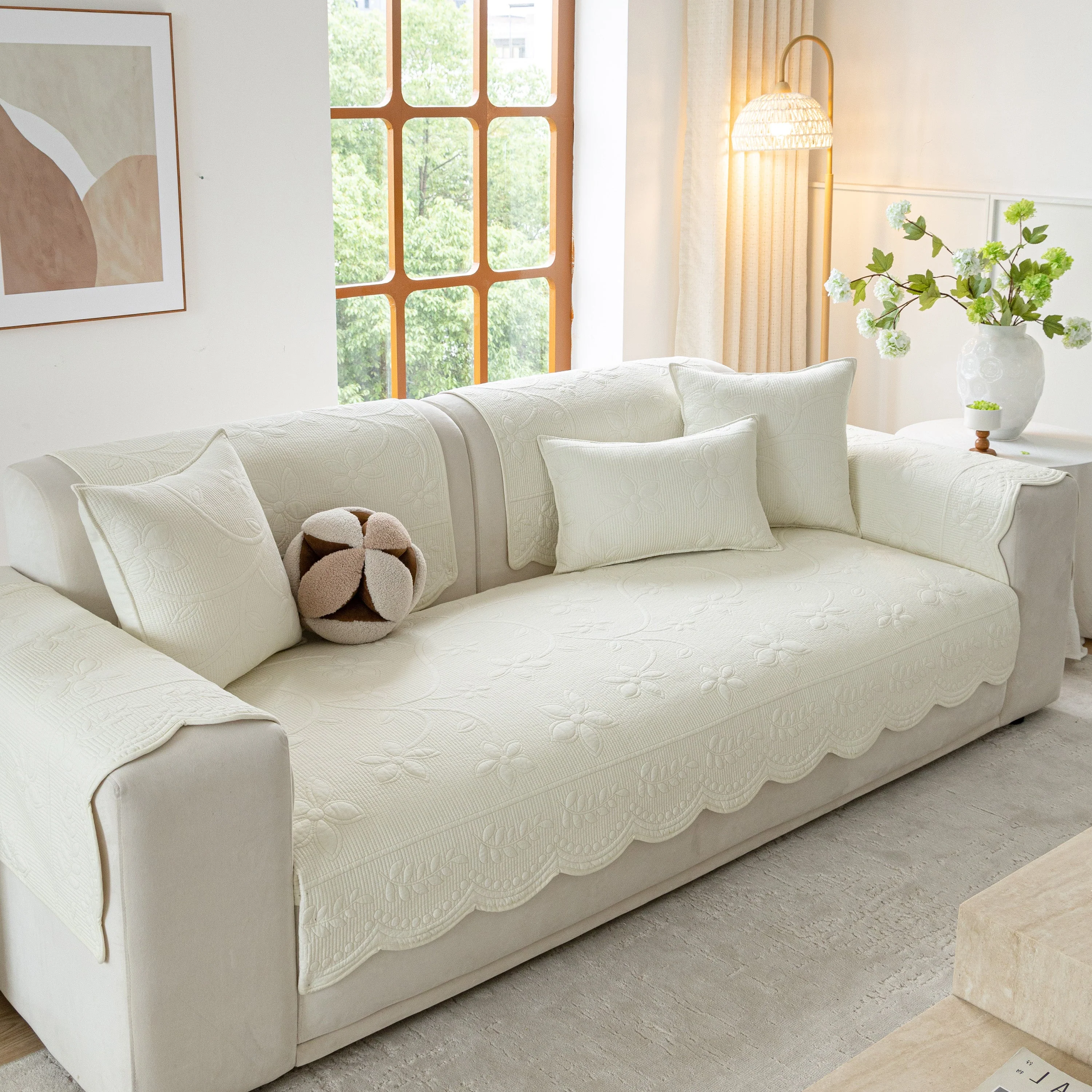 Floral Cotton Quilted Sofa Cover, Non-Slip Couch Protector with Scalloped Edges - Image 4