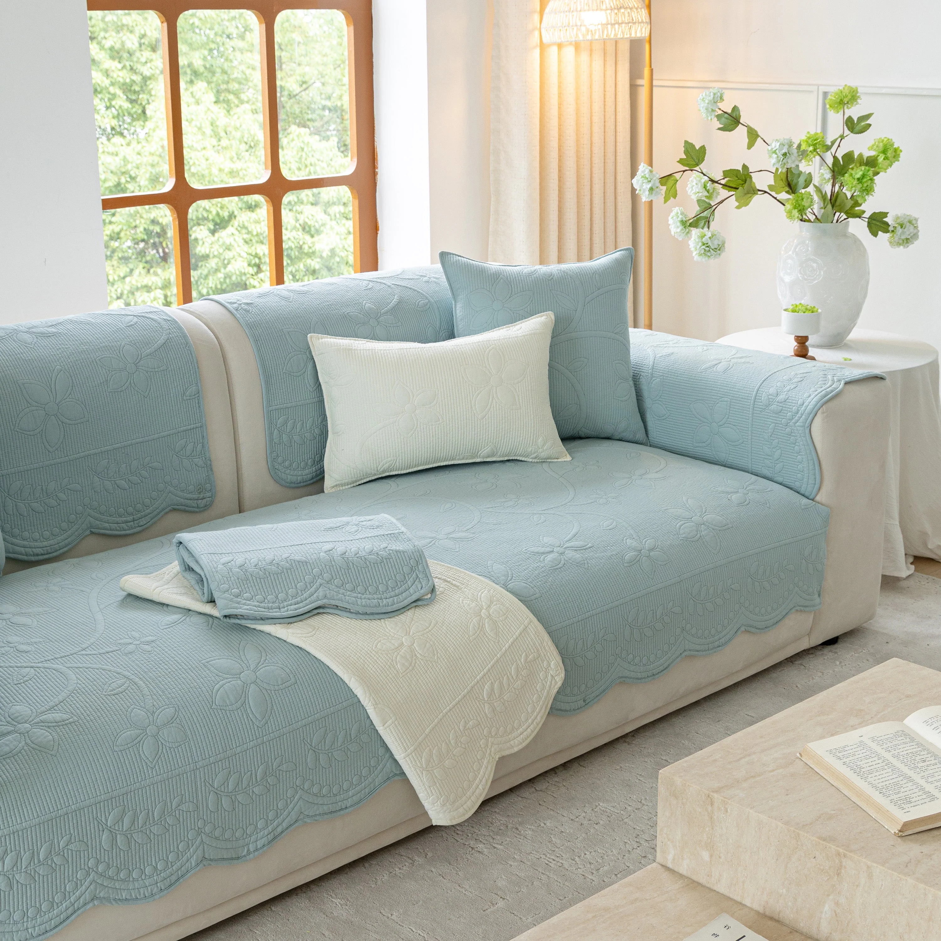 Floral Cotton Quilted Sofa Cover, Non-Slip Couch Protector with Scalloped Edges - Image 40