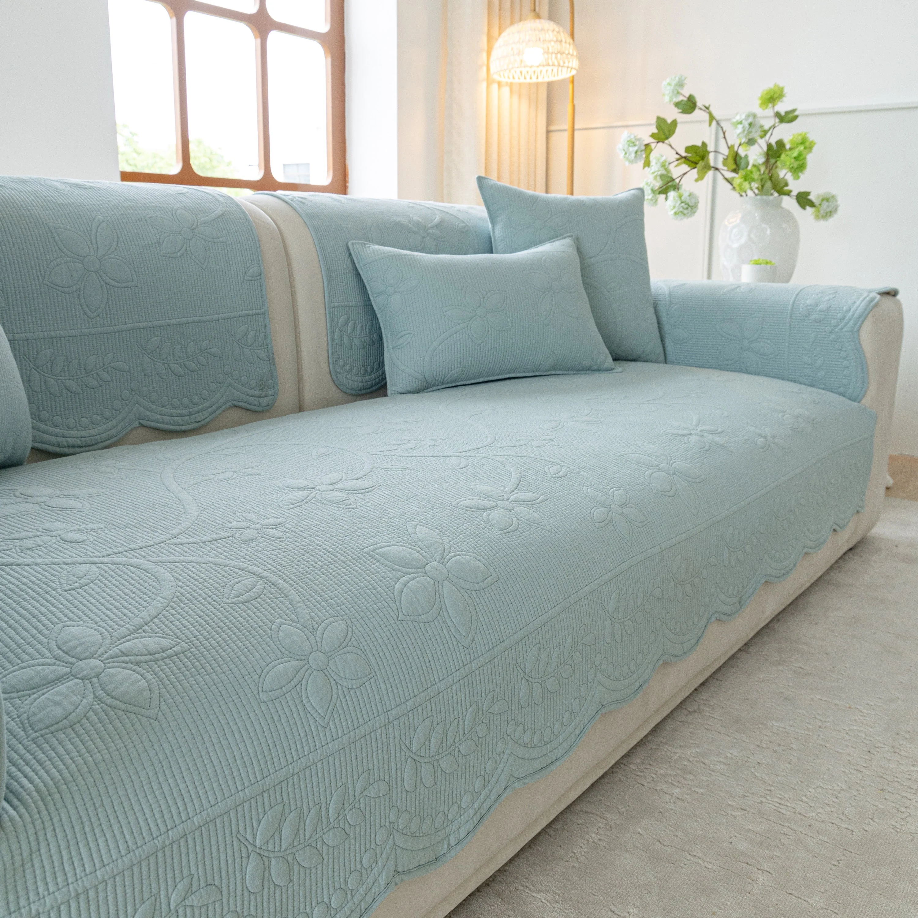 Floral Cotton Quilted Sofa Cover, Non-Slip Couch Protector with Scalloped Edges - Image 41