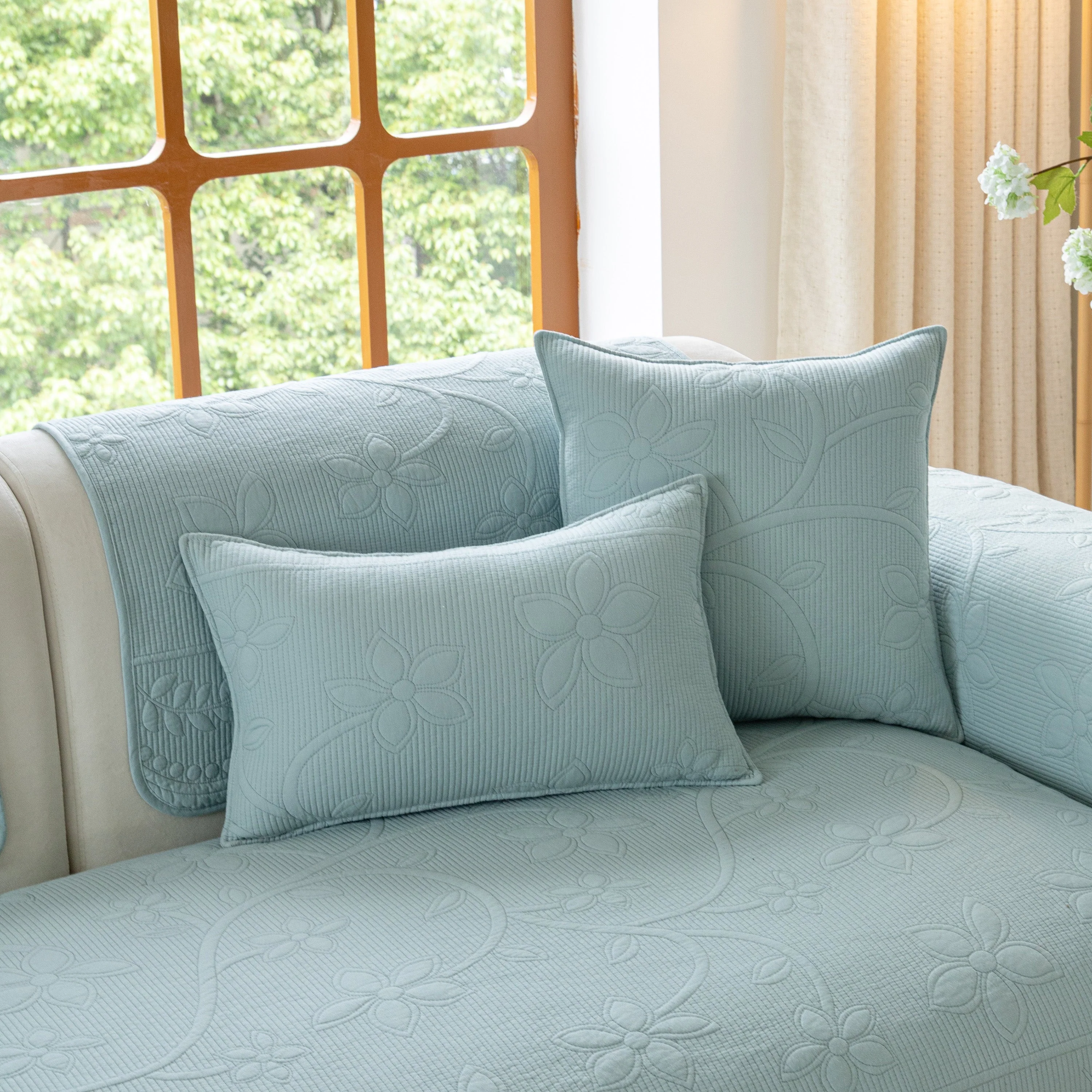 Floral Cotton Quilted Sofa Cover, Non-Slip Couch Protector with Scalloped Edges - Image 42