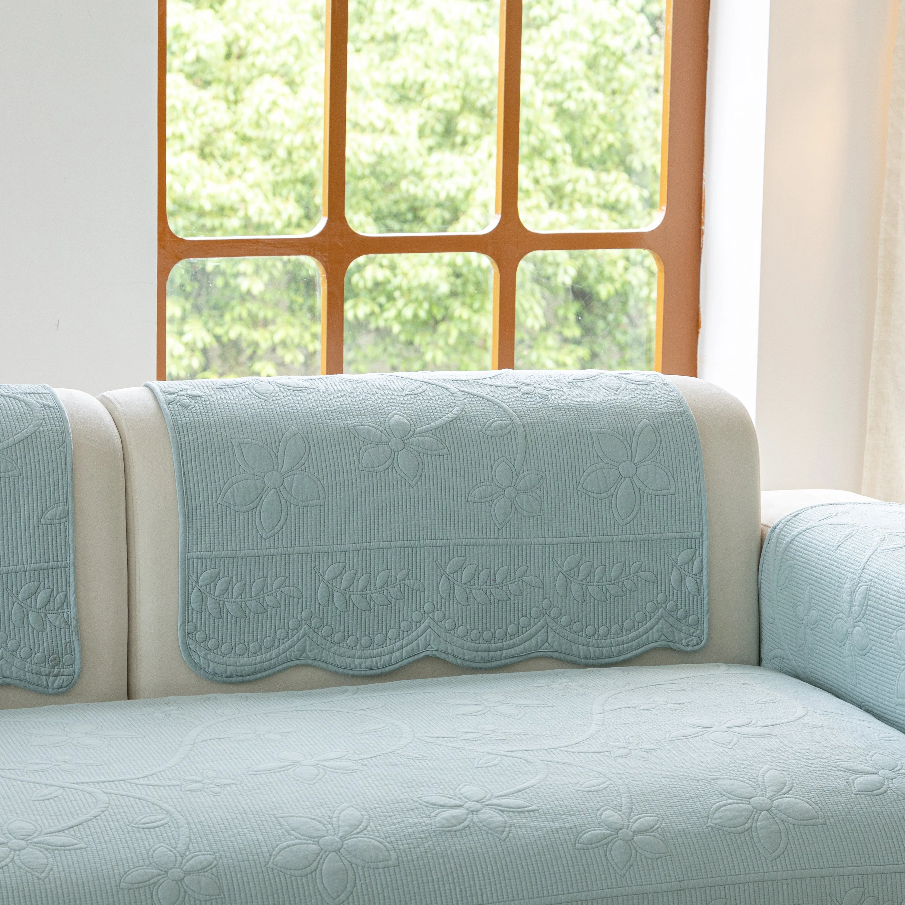 Floral Cotton Quilted Sofa Cover, Non-Slip Couch Protector with Scalloped Edges - Image 44