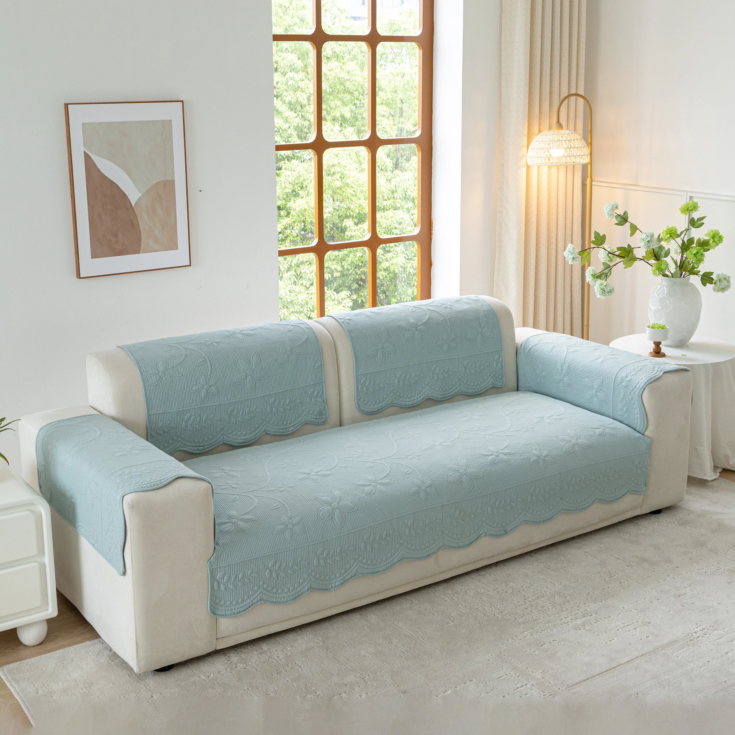 Floral Cotton Quilted Sofa Cover, Non-Slip Couch Protector with Scalloped Edges - Image 45