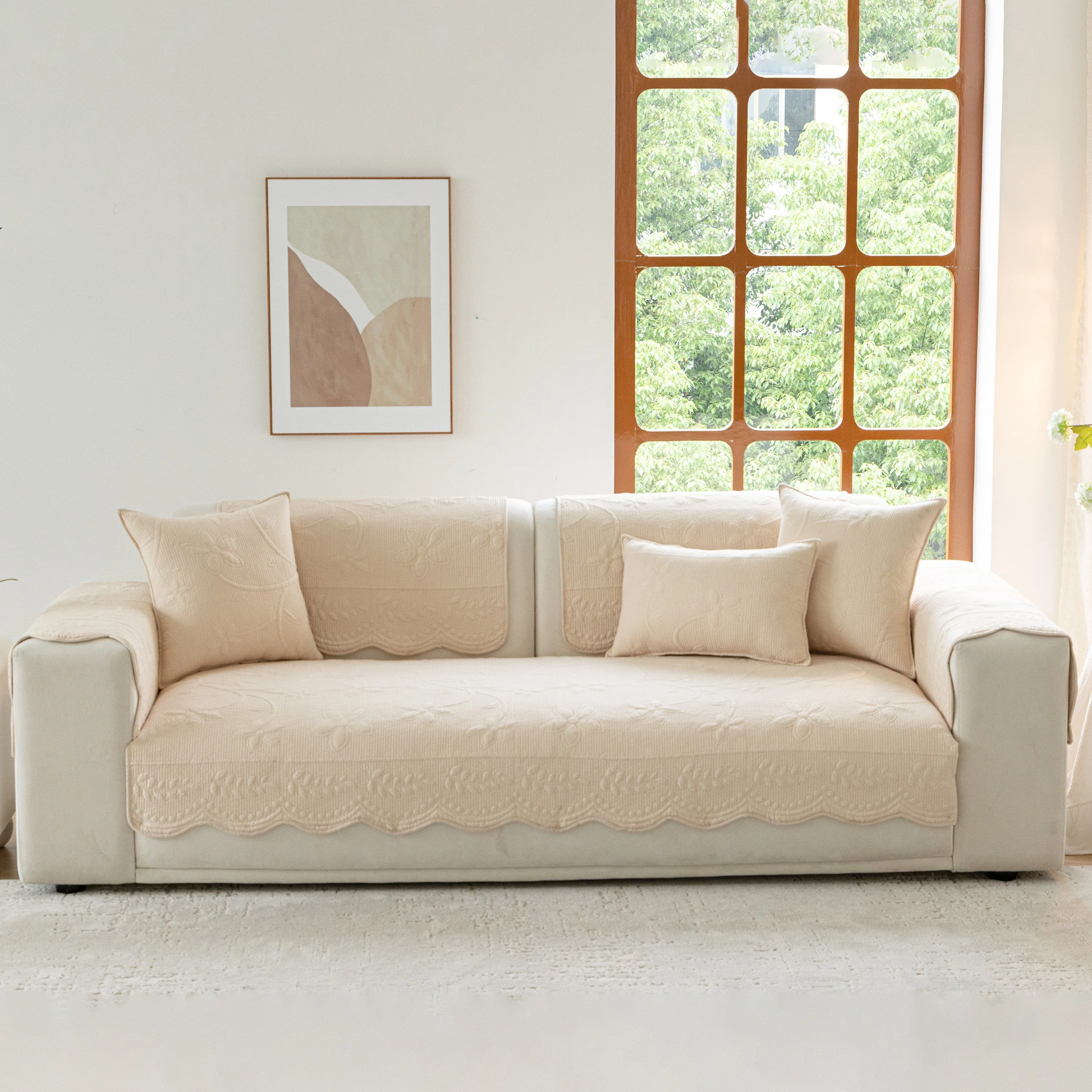 Floral Cotton Quilted Sofa Cover, Non-Slip Couch Protector with Scalloped Edges - Image 49