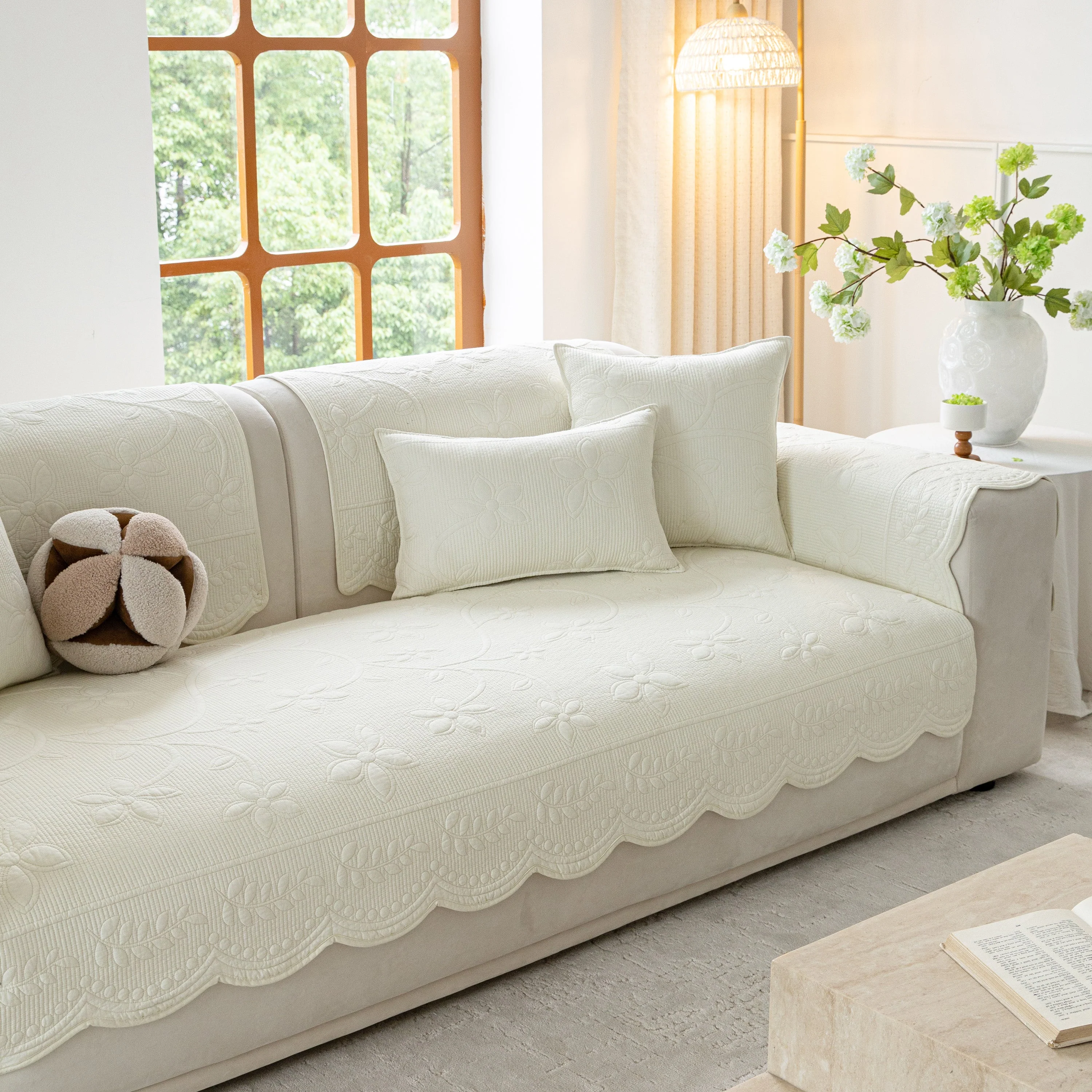 Floral Cotton Quilted Sofa Cover, Non-Slip Couch Protector with Scalloped Edges - Image 5