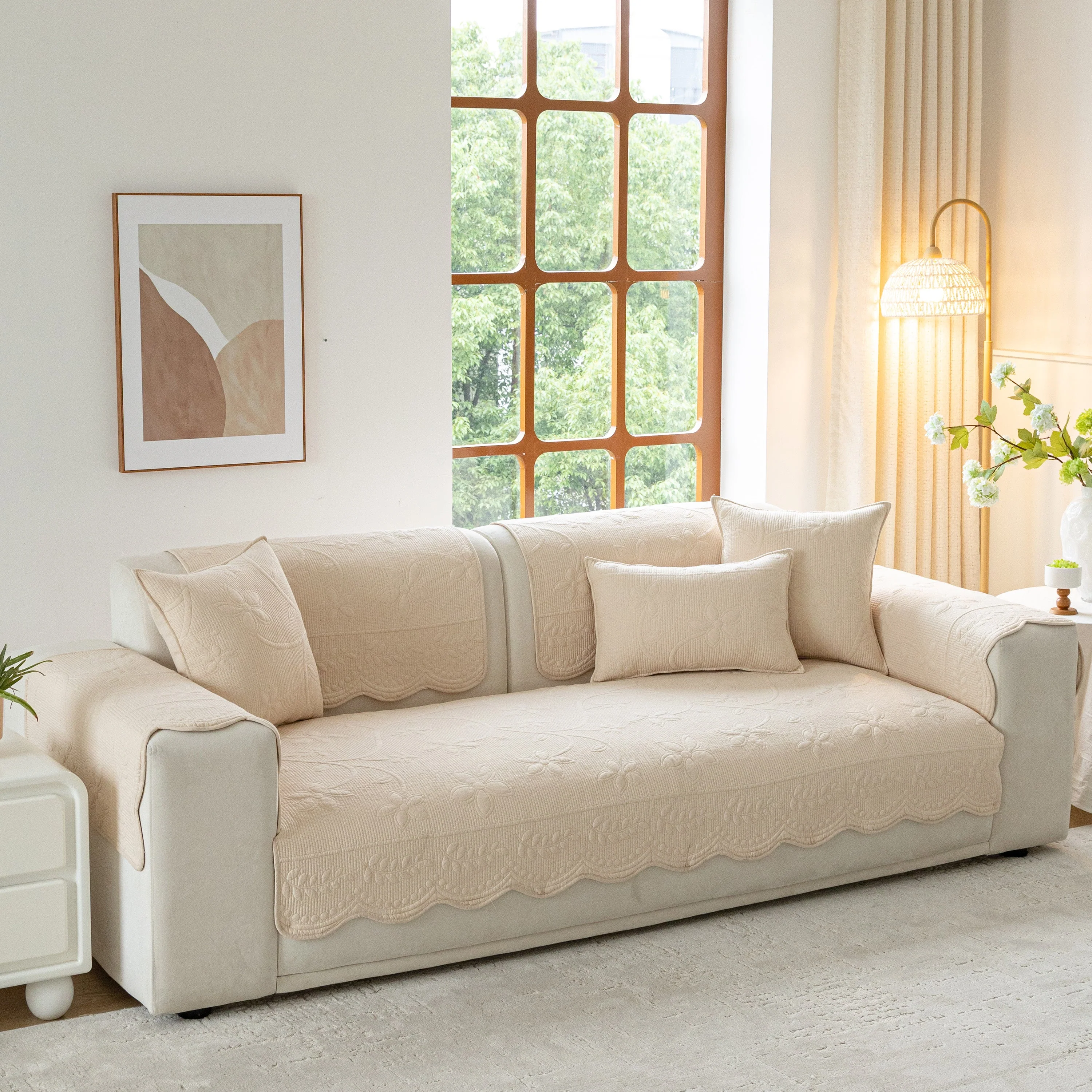 Floral Cotton Quilted Sofa Cover, Non-Slip Couch Protector with Scalloped Edges - Image 51