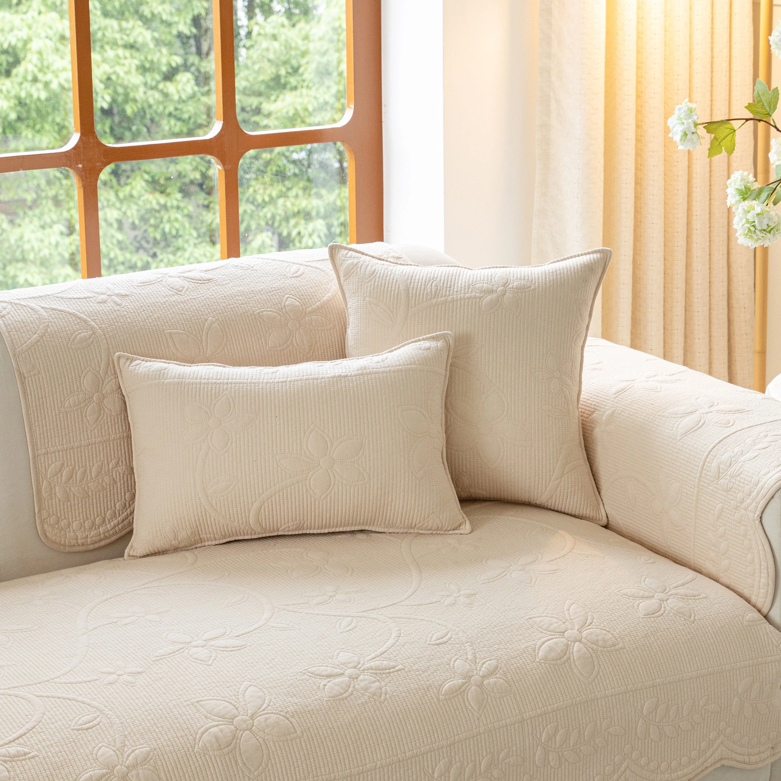Floral Cotton Quilted Sofa Cover, Non-Slip Couch Protector with Scalloped Edges - Image 52