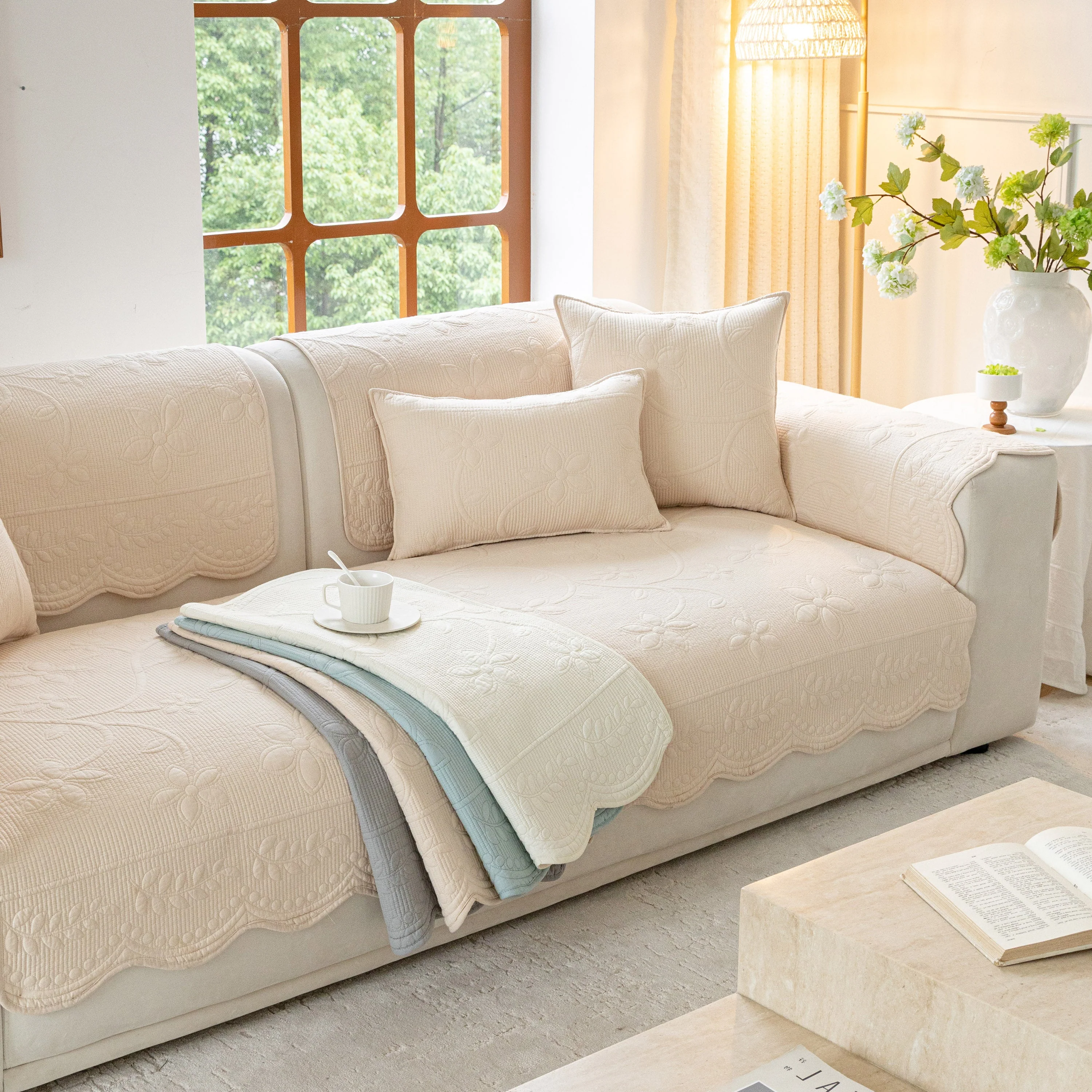 Floral Cotton Quilted Sofa Cover, Non-Slip Couch Protector with Scalloped Edges - Image 53