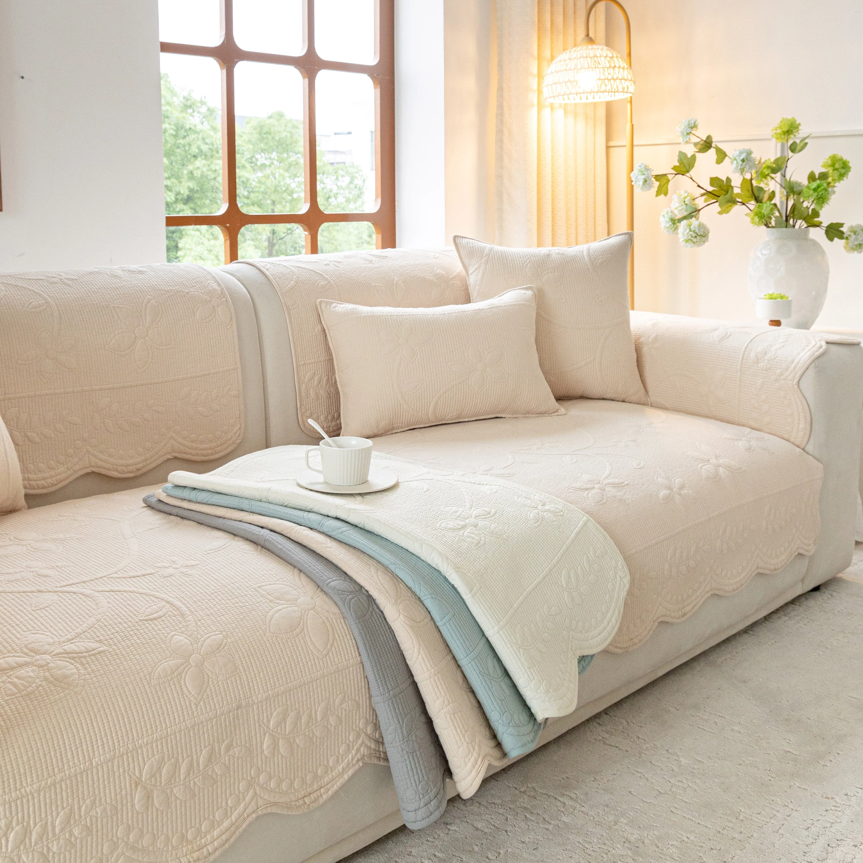 Floral Cotton Quilted Sofa Cover, Non-Slip Couch Protector with Scalloped Edges - Image 54