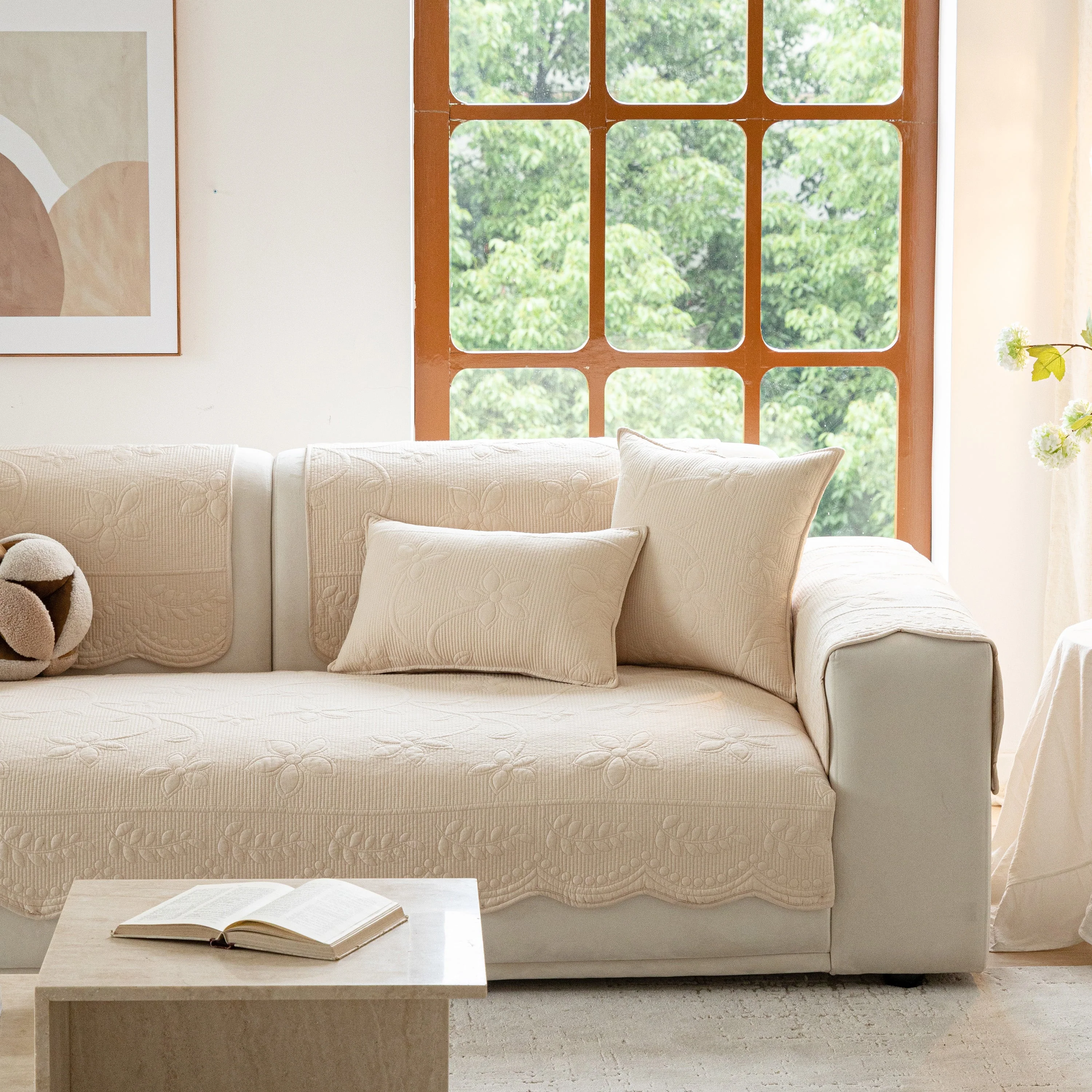 Floral Cotton Quilted Sofa Cover, Non-Slip Couch Protector with Scalloped Edges - Image 59