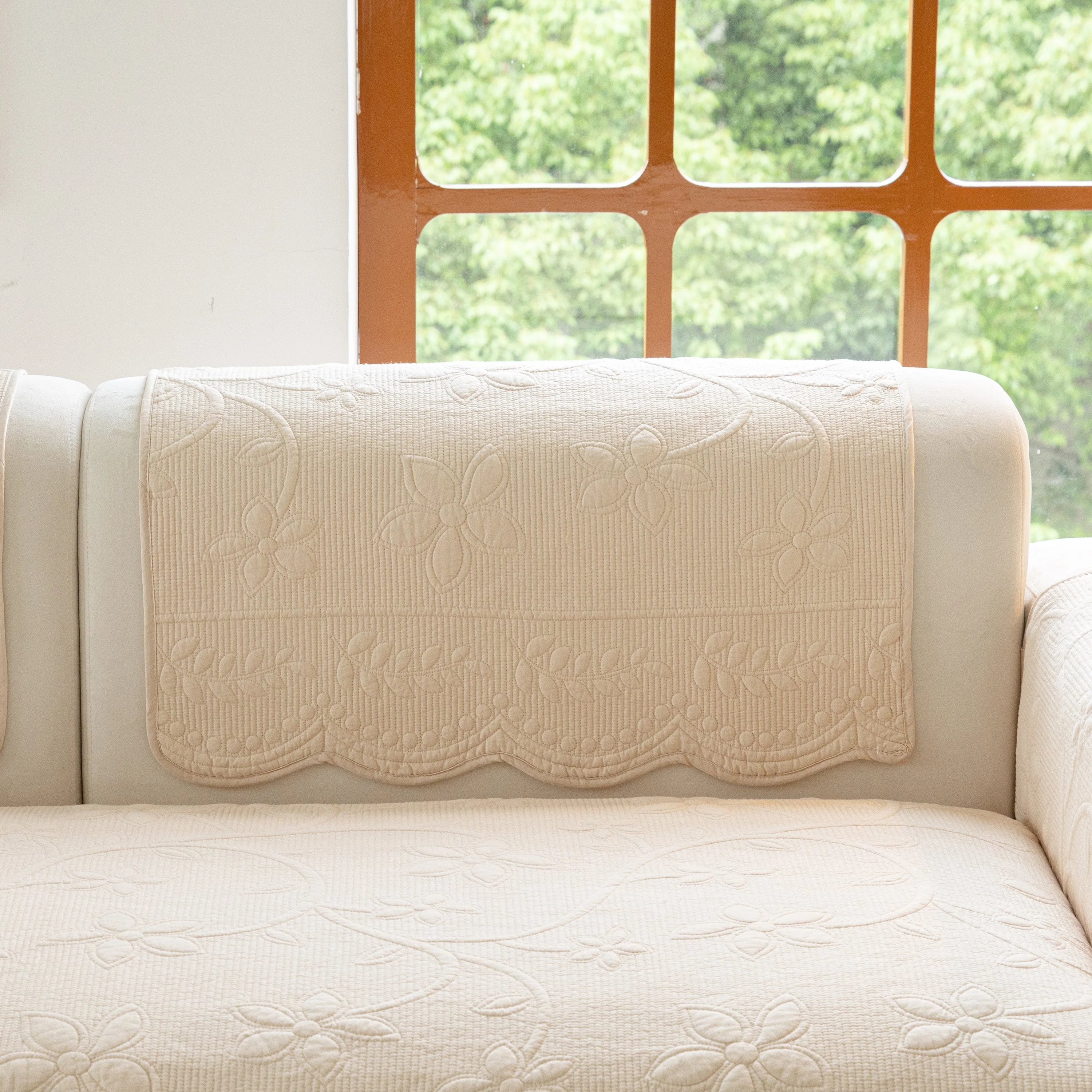 Floral Cotton Quilted Sofa Cover, Non-Slip Couch Protector with Scalloped Edges - Image 60