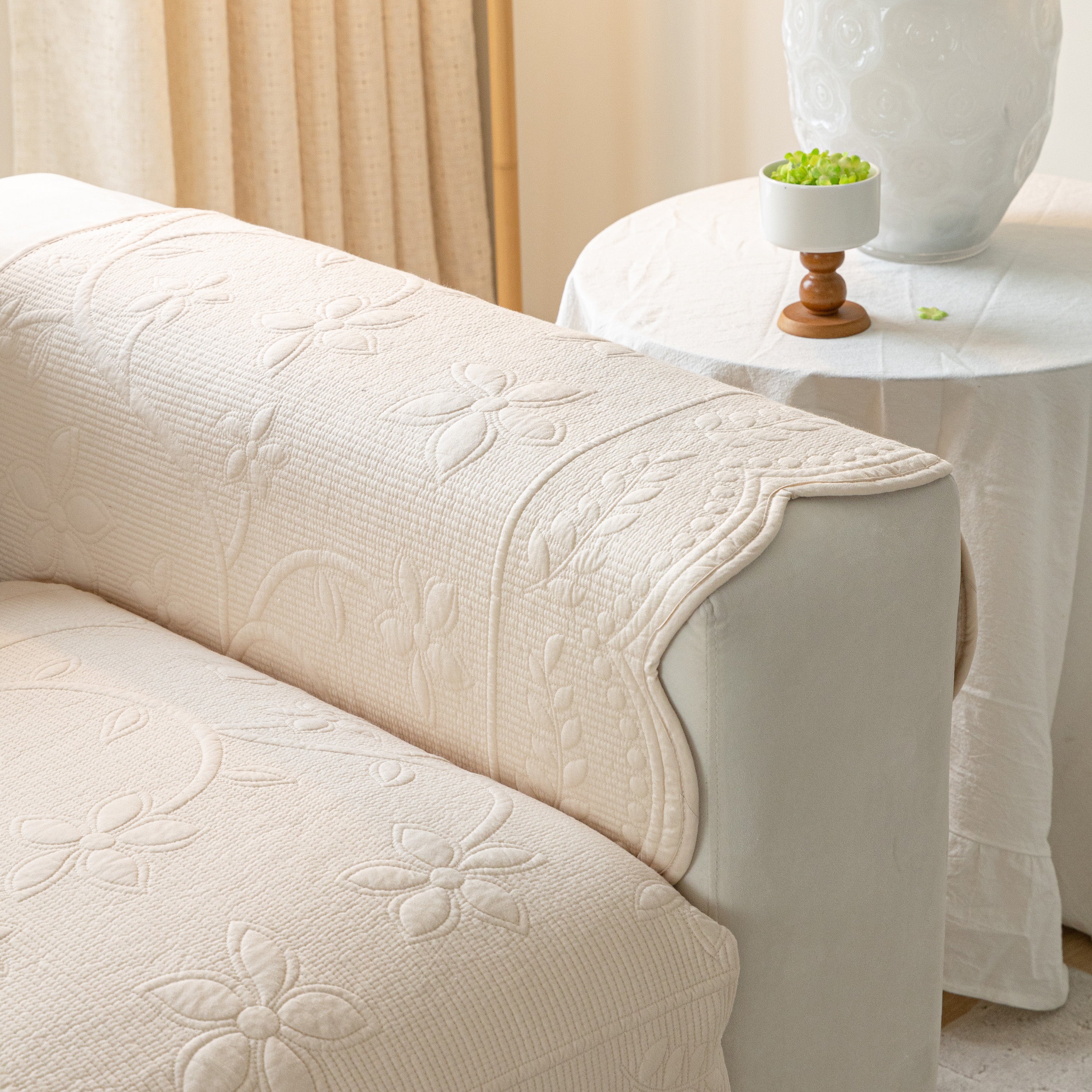 Floral Cotton Quilted Sofa Cover, Non-Slip Couch Protector with Scalloped Edges - Image 61