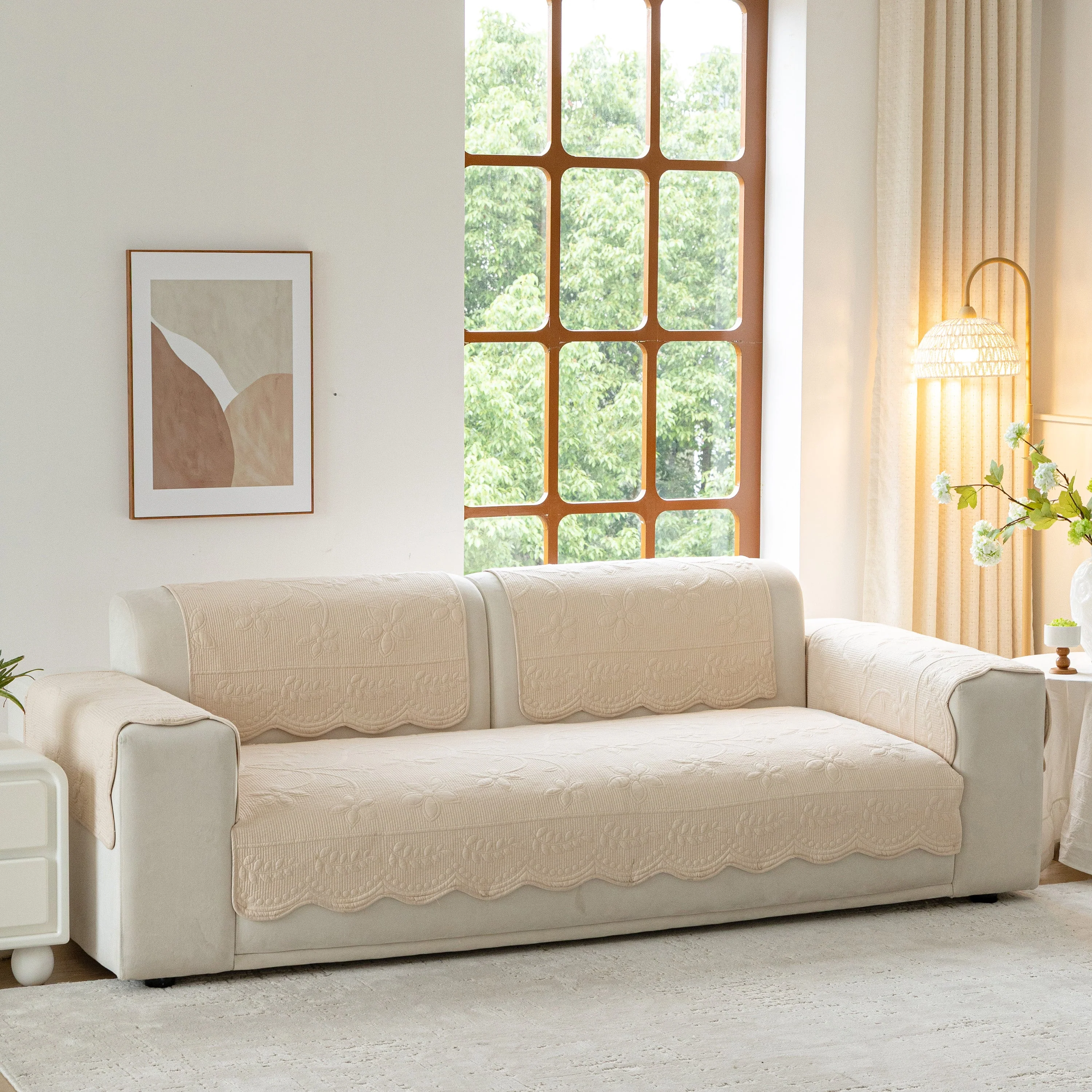 Floral Cotton Quilted Sofa Cover, Non-Slip Couch Protector with Scalloped Edges - Image 62