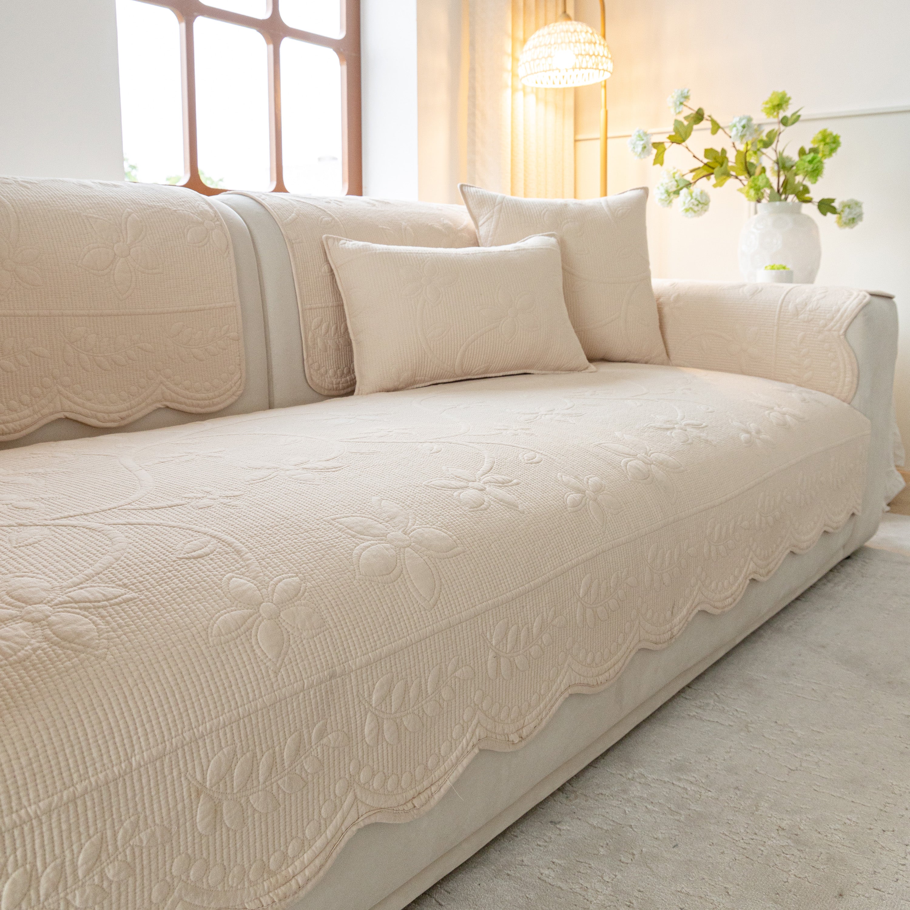 Floral Cotton Quilted Sofa Cover, Non-Slip Couch Protector with Scalloped Edges - Image 64
