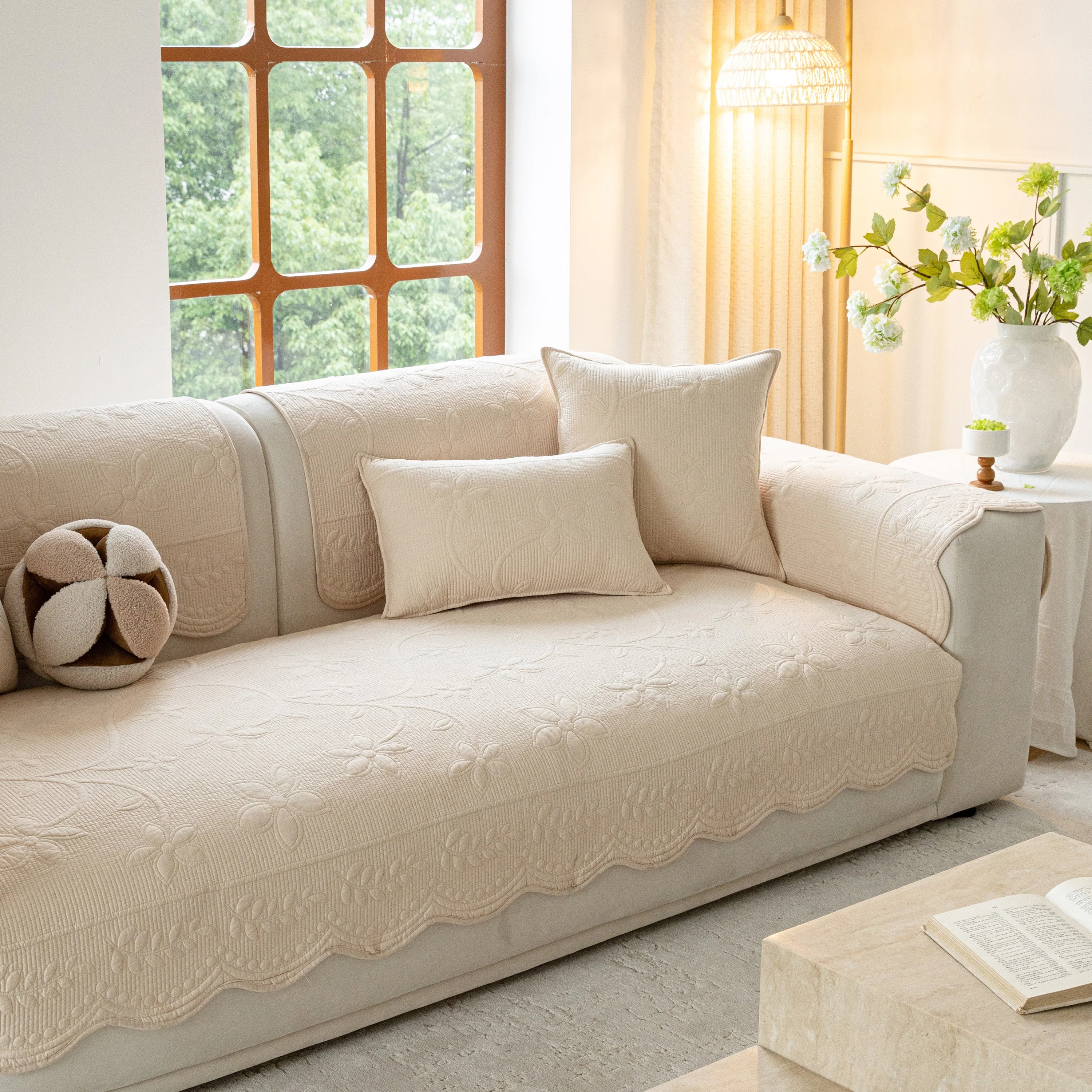 Floral Cotton Quilted Sofa Cover, Non-Slip Couch Protector with Scalloped Edges - Image 65