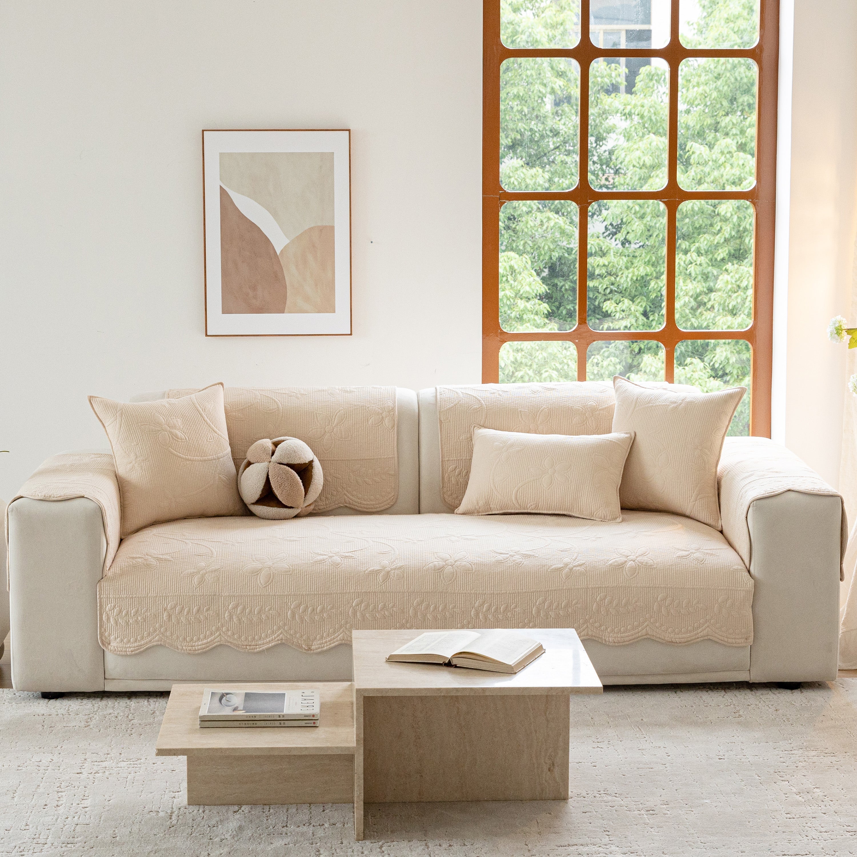 Floral Cotton Quilted Sofa Cover, Non-Slip Couch Protector with Scalloped Edges - Image 66