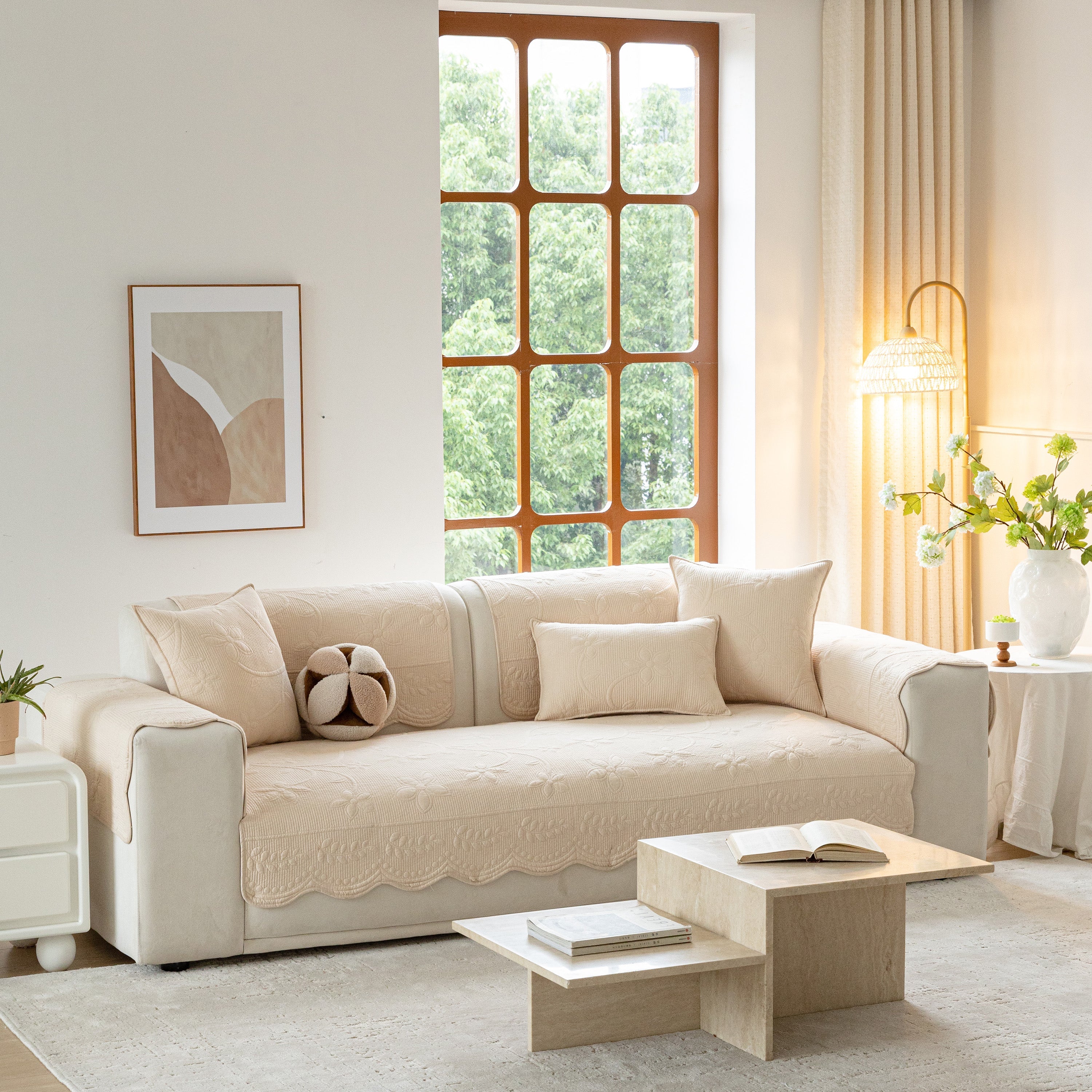 Floral Cotton Quilted Sofa Cover, Non-Slip Couch Protector with Scalloped Edges - Image 67